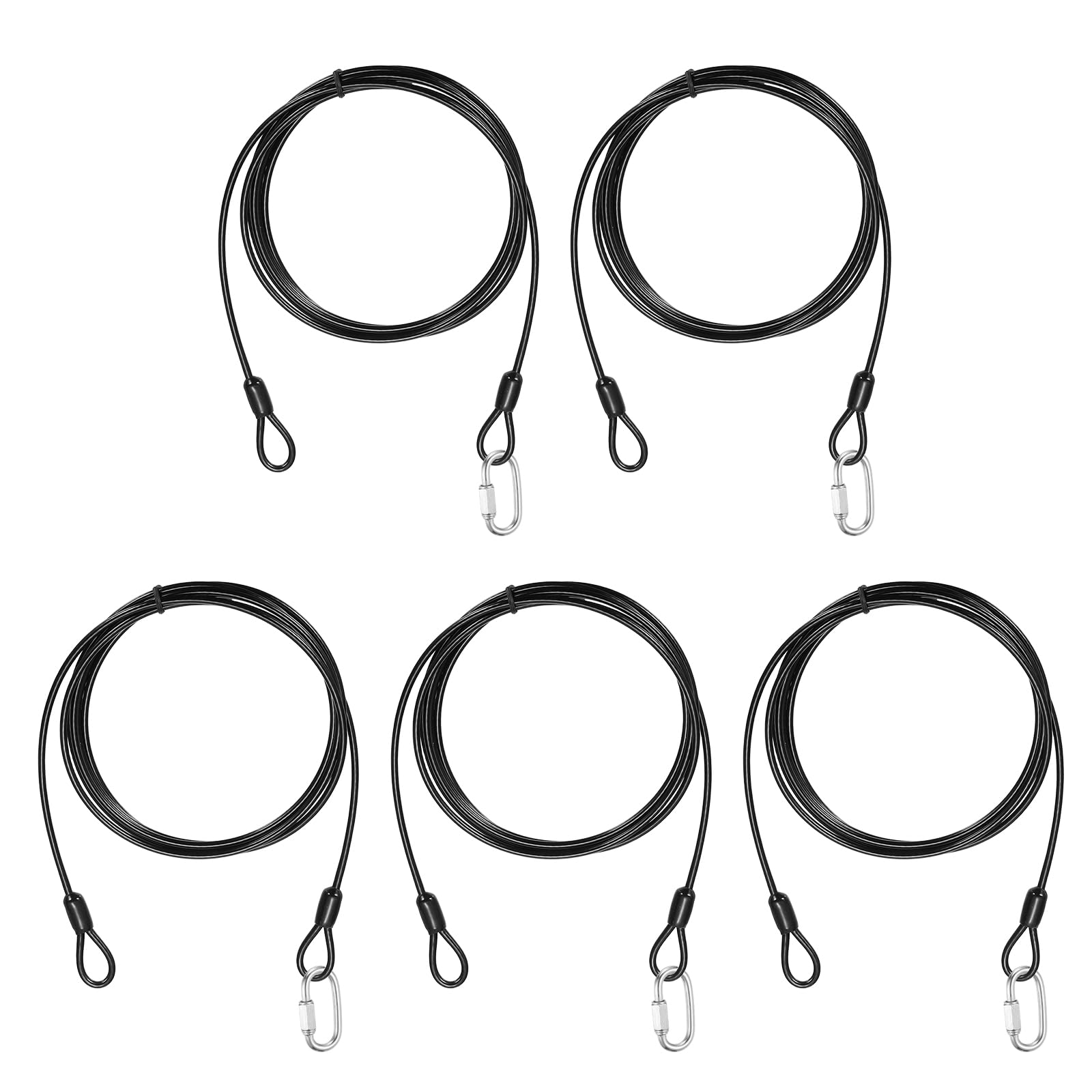 PATIKIL Security Cable Lock (1/8" Dia 6.6ft, Black)(5 Set) Vinyl Coated 304 Stainless Steel Double Loop Flexible Wire Rope Safety Cable with Quick Links Locking Connectors