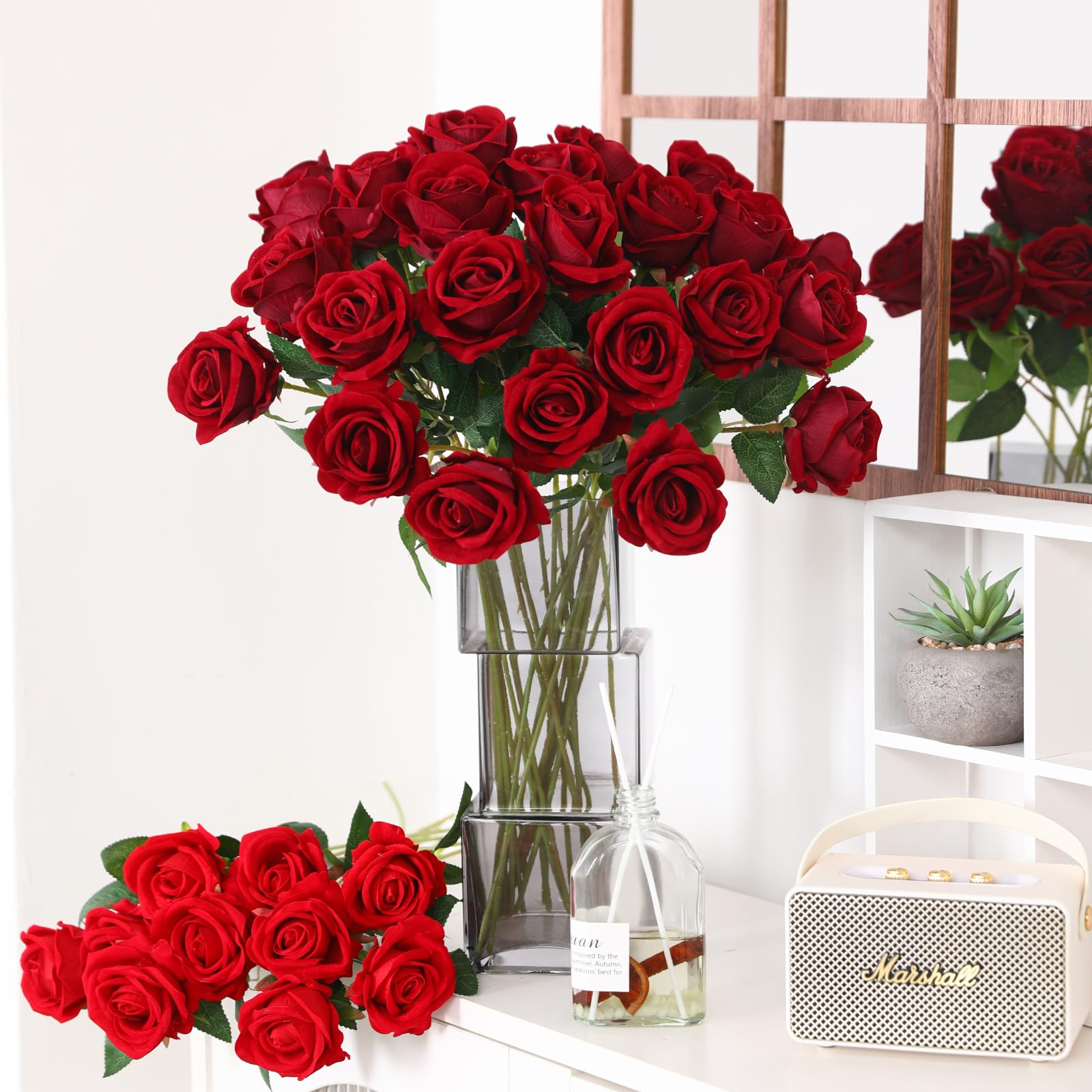 JUSTOYOU 20 PCS Burgundy Red Rose Artificial Flower,Silk Blooming Rose with Stem,Artificial Rose Bouquet Realistic Flower for Home Table Office Party Wedding Garden Arrangements(Burgundy rose) - Image 4