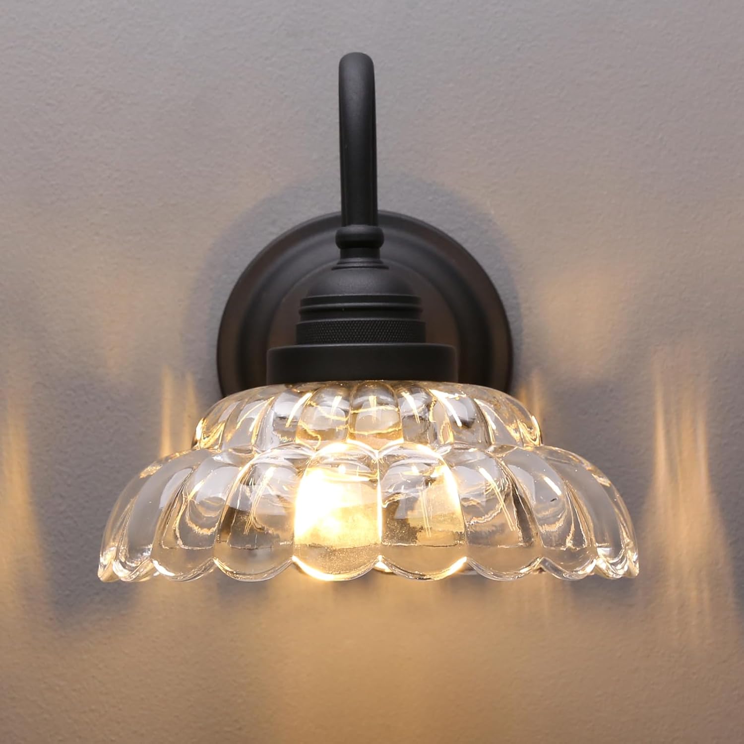PERMO Vintage Black Wall Sconce with Clrar Lotus Glass Shade Antique Sconces Hardwired Light for Bathroom, Bedroom, or Entryway