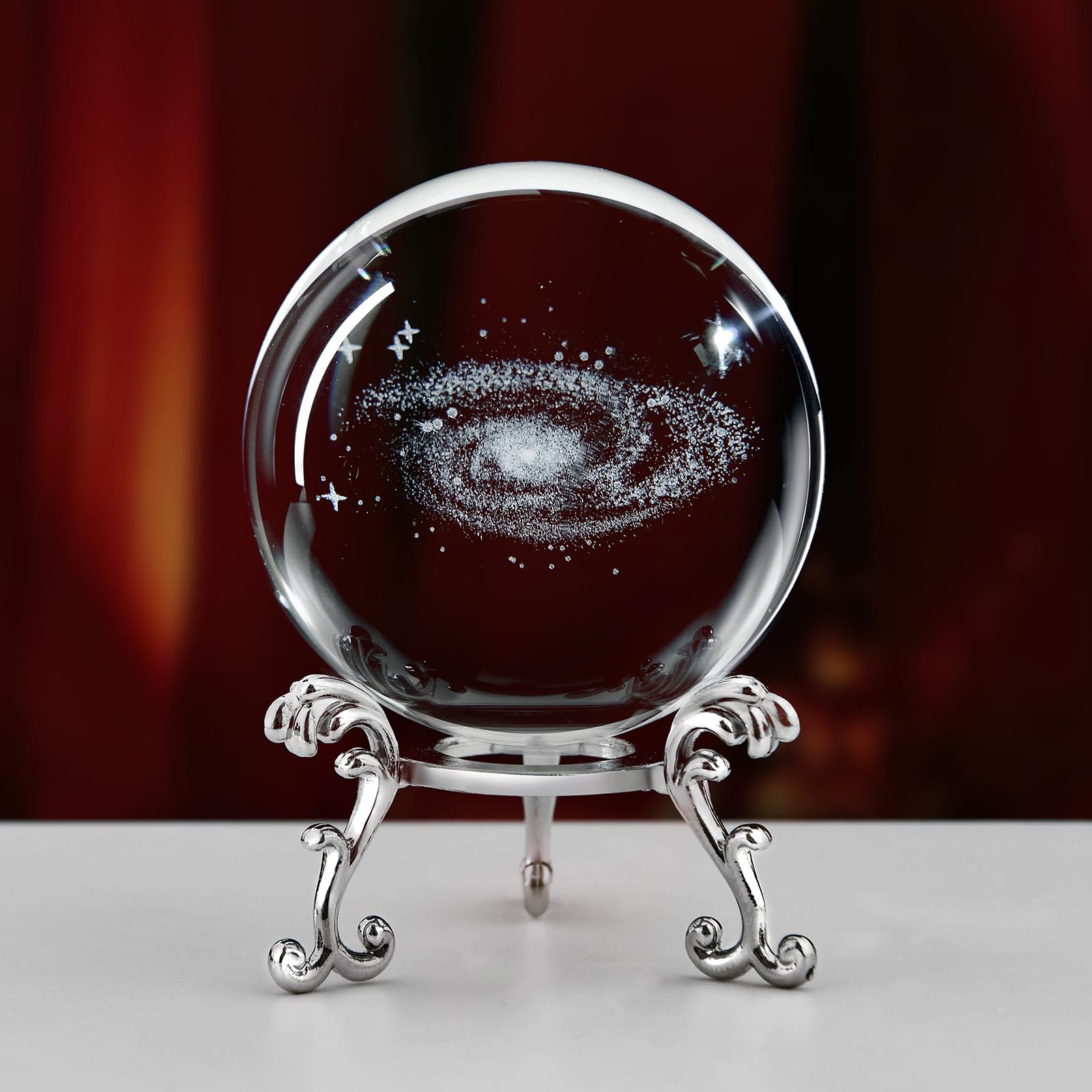3D Laser Etched Galaxy Crystal Ball with Stand, 60mm Glass Sphere Decorative Balls Paperweight, Space Milky Way Astronomy Gifts