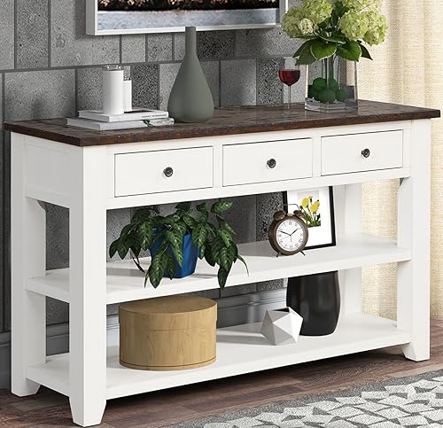 Miniatura 2 de Mesa consola de madera maciza de 48 pulgadas, mesa de sofá de madera de pino con cajones de almacenamiento y estantes, mesa de entrada retro para