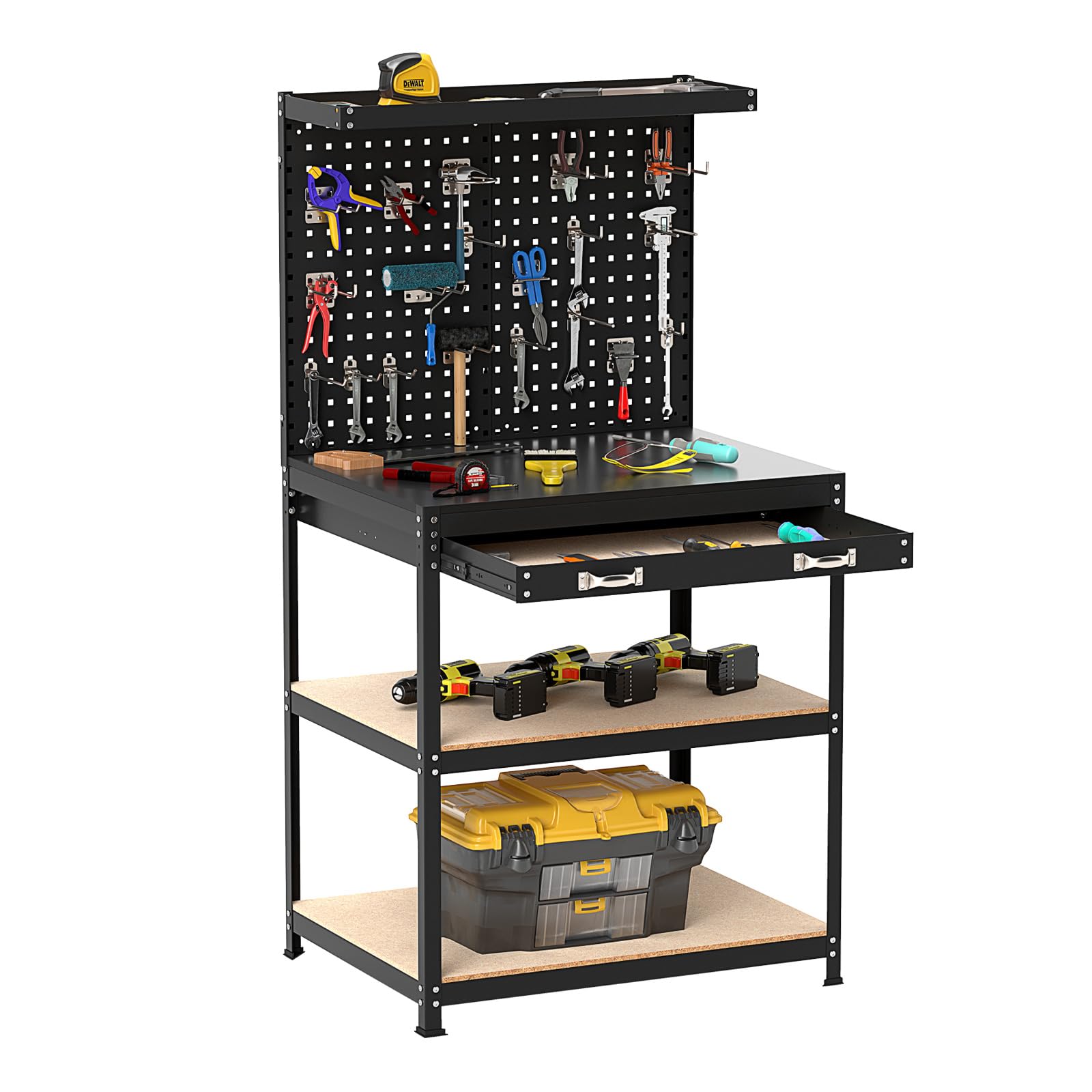 COSTWAY Banco da Lavoro con Piano da 81 x 41 cm, Banco da Lavoro Officina con Pannello Forato e 20 Ganci, Cassetto e 2 Ripiani, Tavolo Lavoro per Garage Capacità 225 kg (Nero, 81 x 41 x 156 cm)