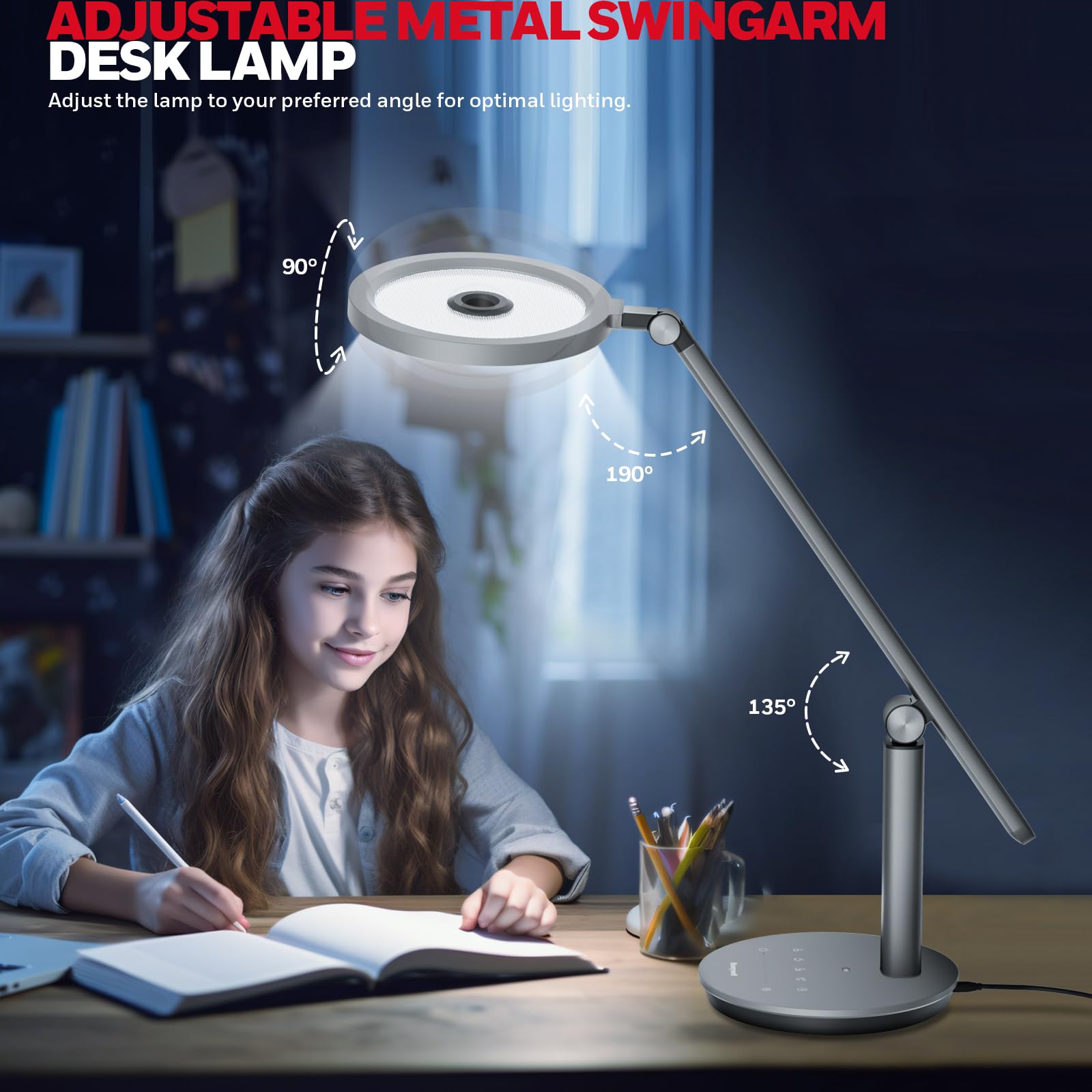 Honeywell H6 Lampada Da Scrivania LED, Lampada Dimmerabile, Grigio | Sunturalux CRI≥97, RG0 luce blu ridotta, senza sfarfallio, 800LM dimmerabile con timer per webcam, studio, ufficio e camera