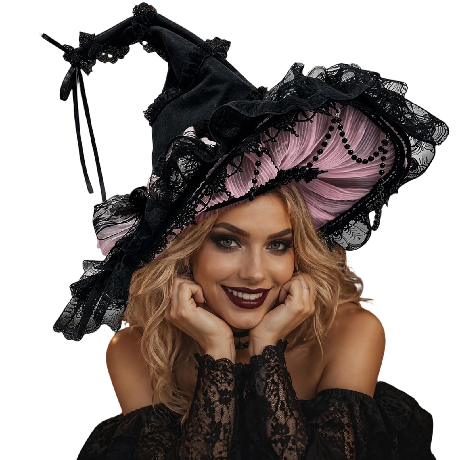 Cappello da strega Halloween a tesa larga in pizzo con fiocco