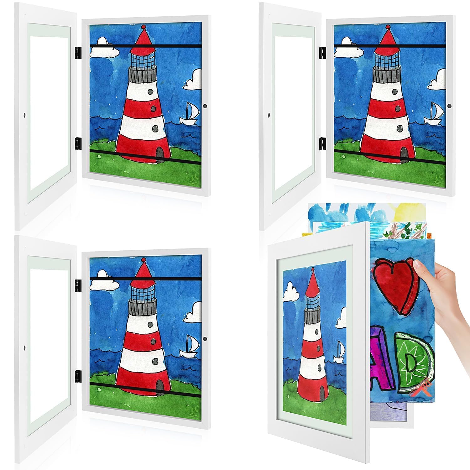 4 Pack 9x12 Front-Opening Kids Artwork Frames Changeable (White)