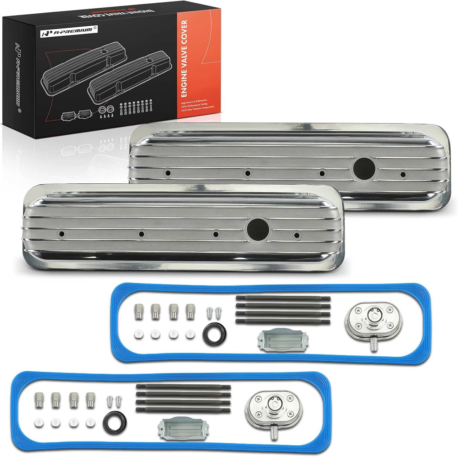 A-Premium Upgraded Aluminum Engine Valve Cover with Valve Cover Gasket and Breather Cap Compatible with Chevrolet 1987-2000 Small-Block Engine Valve Cover