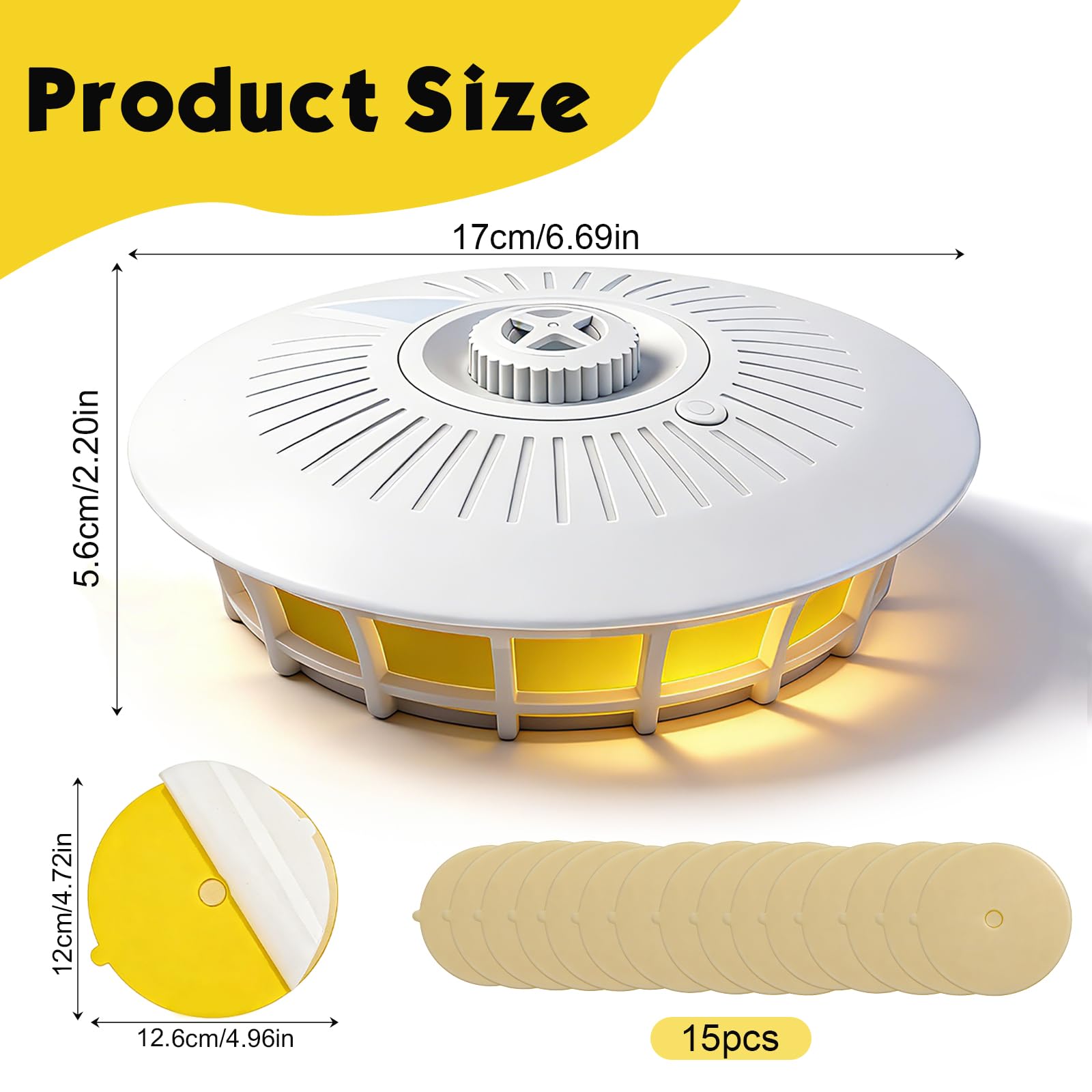 Trappola per pulci con luce LED a 360° per appartamento, include 15 adesivi e 4 modalità luminose. Doppia alimentazione, non tossica e inodore. Ideale per soggiorno, cucina, camera da letto e tappeti