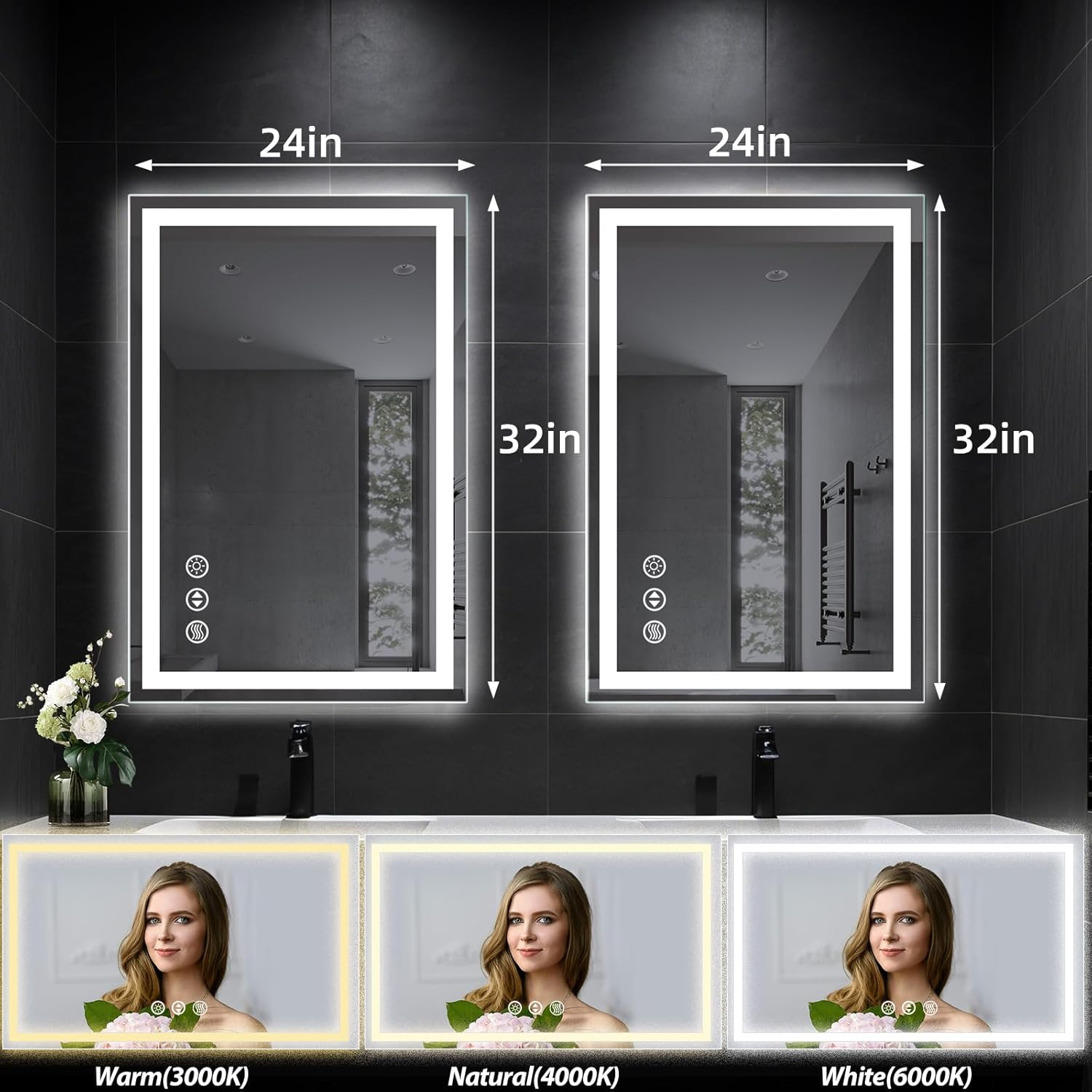 ROOMTEC LED Bathroom Mirror, 2 Pack 24" X32" with Front Light and Backlit, Stepless Dimmable Wall Mount Mirrors, Anti-Fog, Shatter-Proof, Memory, 3 Colors Lihgting, LED Vanity