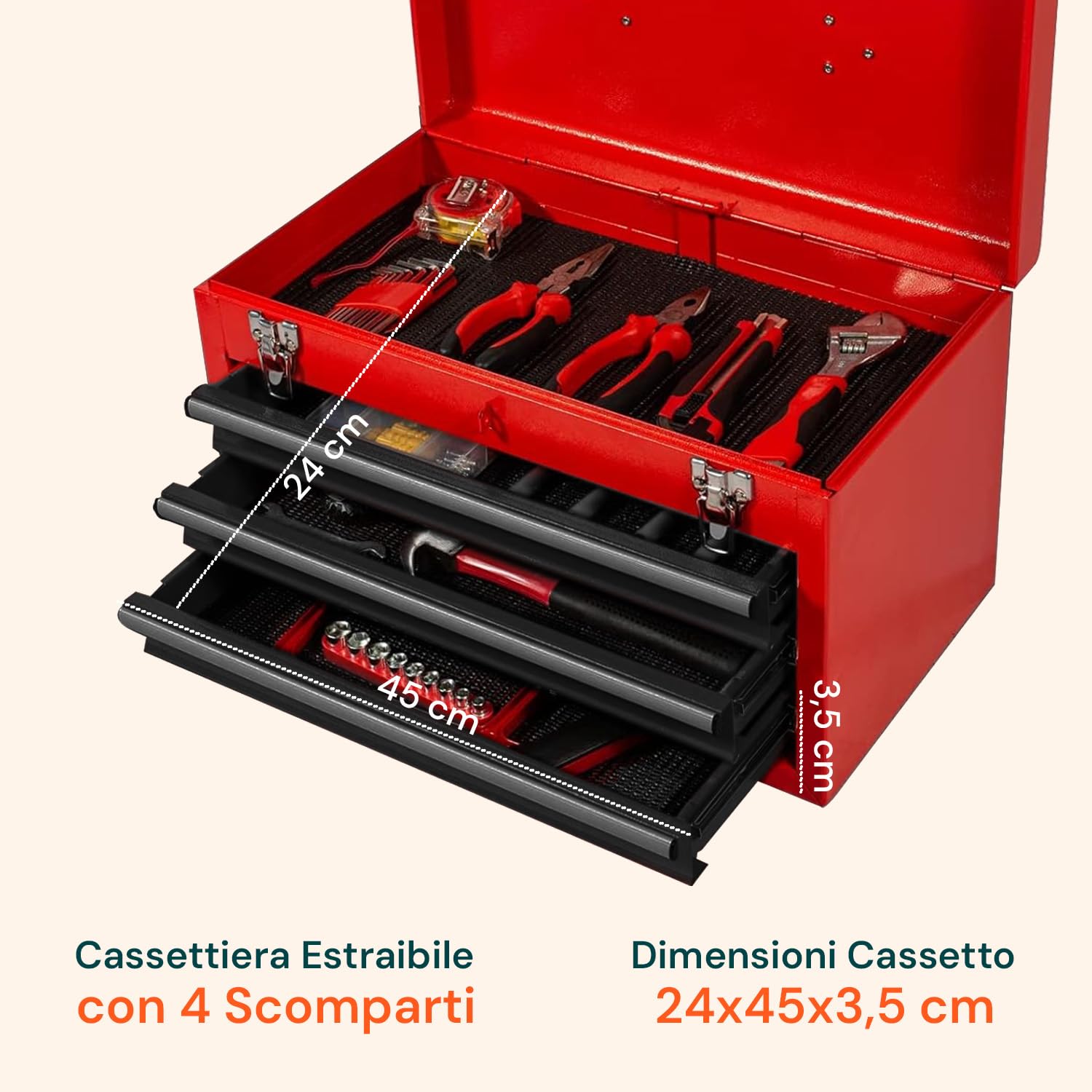 Avilia - Carrello Porta Attrezzi Professionale con 3 Cassetti Scorrevoli e Armadietto con Serratura per Garage e Officina, Struttura in Metallo Verniciato Facile da Spostare