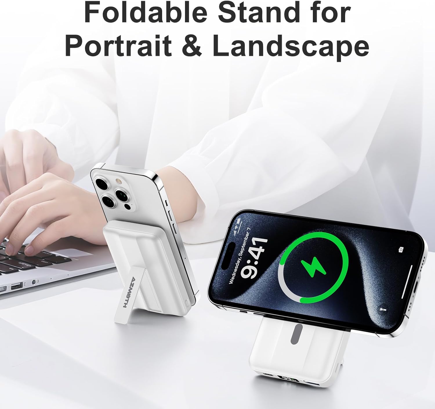 Azmuth Magnetic Power Bank,10000mAh for MagSafe Battery Pack, 22.5W PD Fast Charging,LED Display & Foldable Stand Wireless Portable Charger for iPhone 17/16/15/14/13/12/Pro/Pro Max/Plus,Pearl White