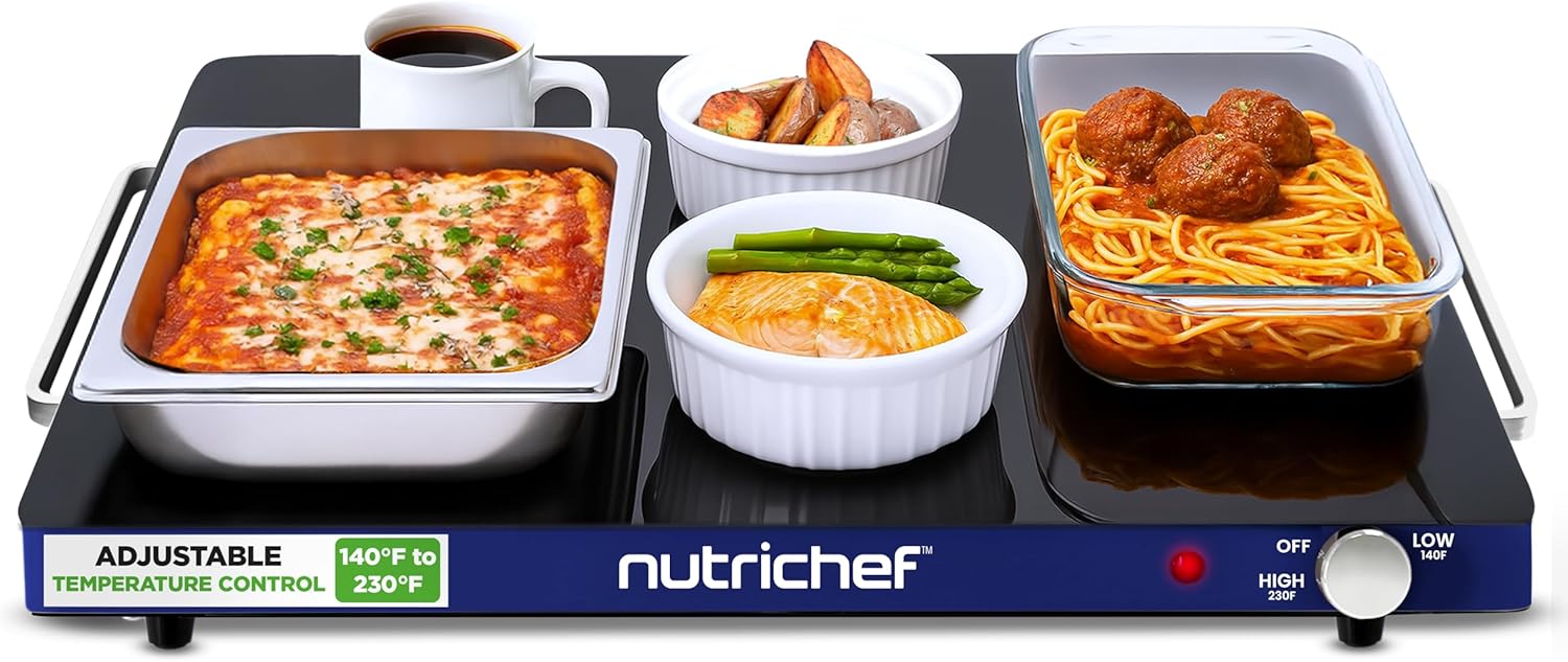 NutriChef Bandeja eléctrica para calentar alimentos, temperatura ajustable, superficie de vidrio elegante, eficiencia energética y ahorro de