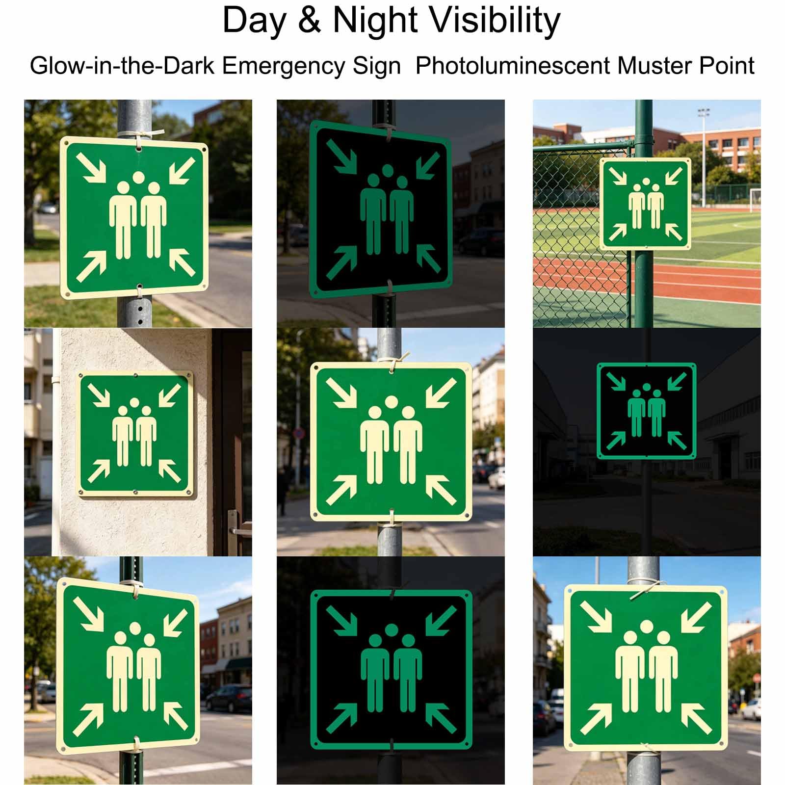 2 letreros luminosos de punto muster, 12 x 12 pulgadas, con adhesivo para puntos de montaje de emergencia, PVC reflectante, resistente a los rayos UV, para almacén, escuela, hospital