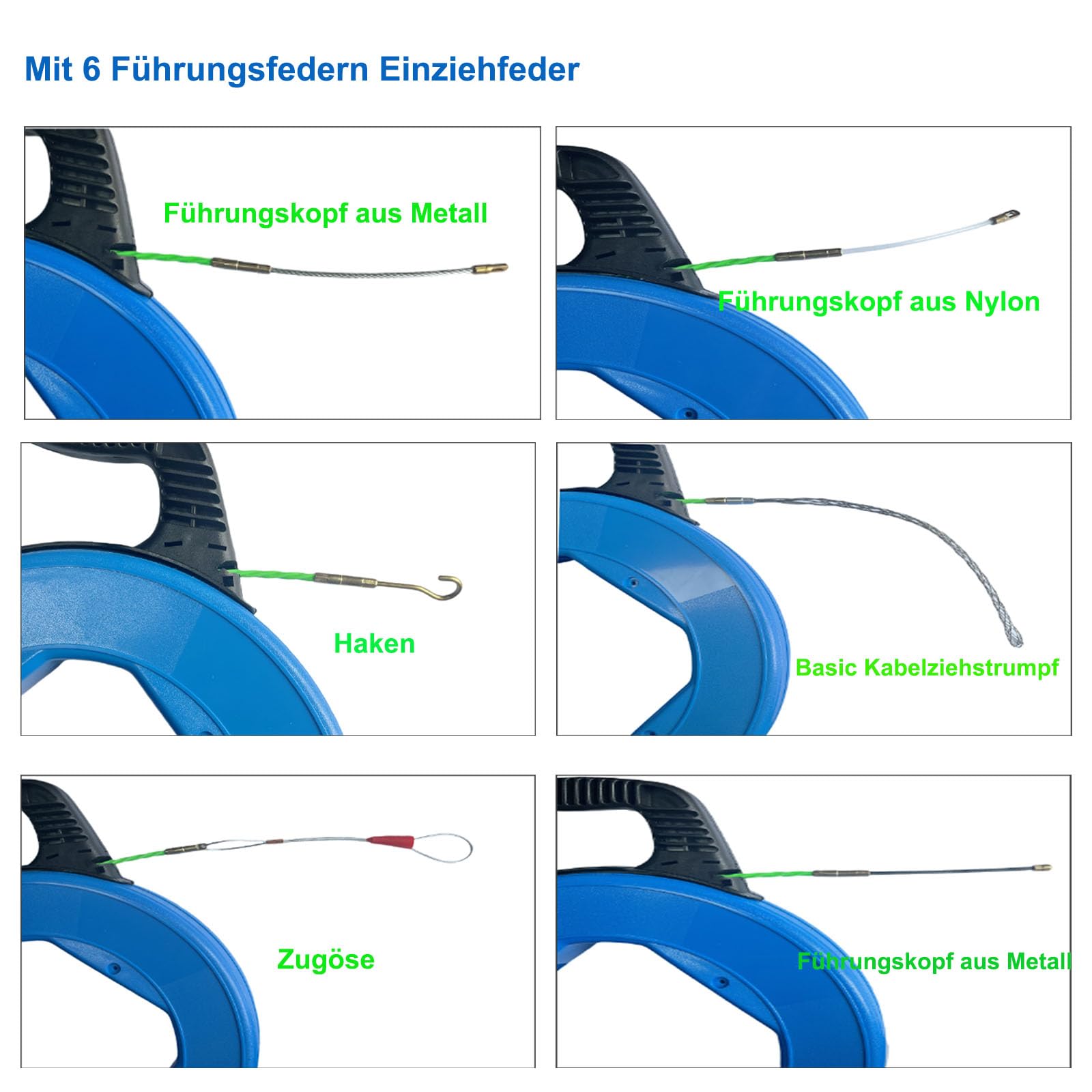 Professionelle Kabeleinzugshilfe 55m – Robuste Polyester-Einziehspirale (200 kg Zugkraft) mit 6 Adaptern, Anti-Verhedderung & Arretierung – Für Elektro- & Glasfaserinstallationen