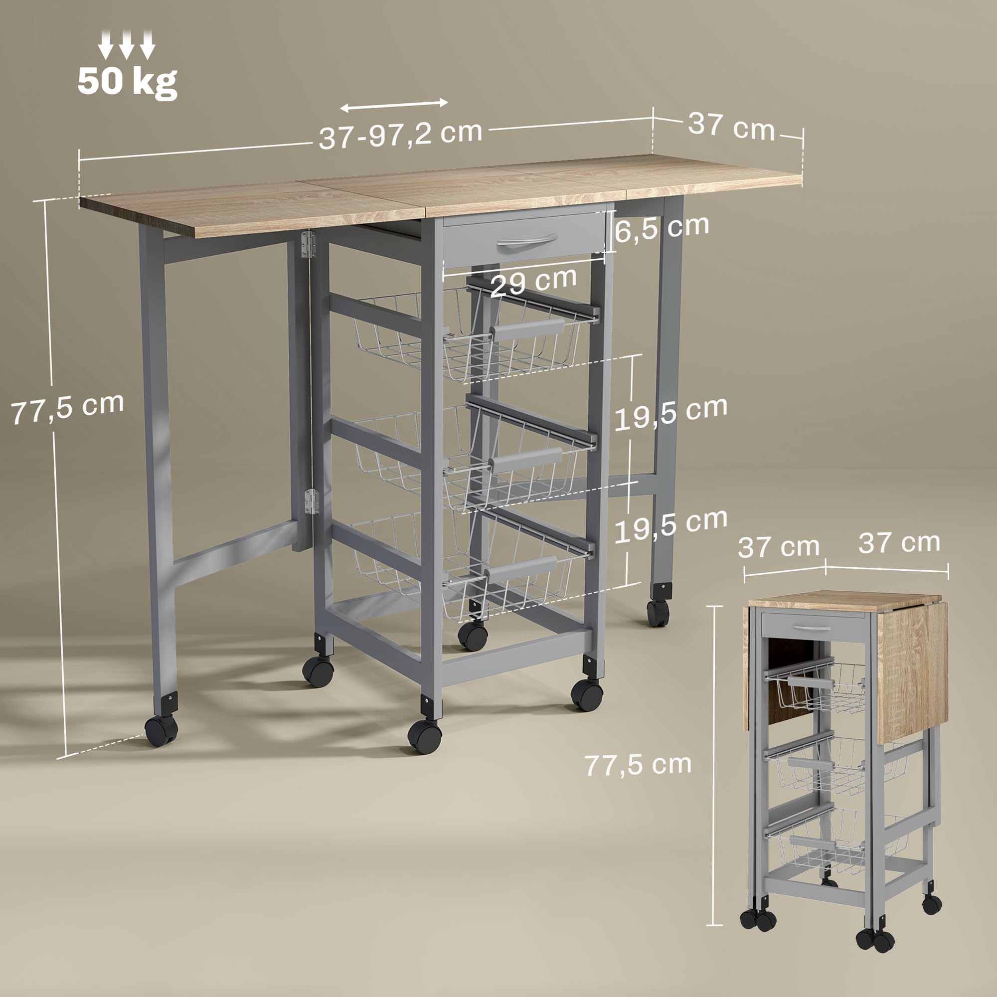 HOMCOM Carrito de Cocina con Alas Plegable, Carrito Auxiliar con Ruedas, Verdulero con Cajón y 3 Cesta de Metal, 97,2x37x77,5 cm, Gris y Roble
