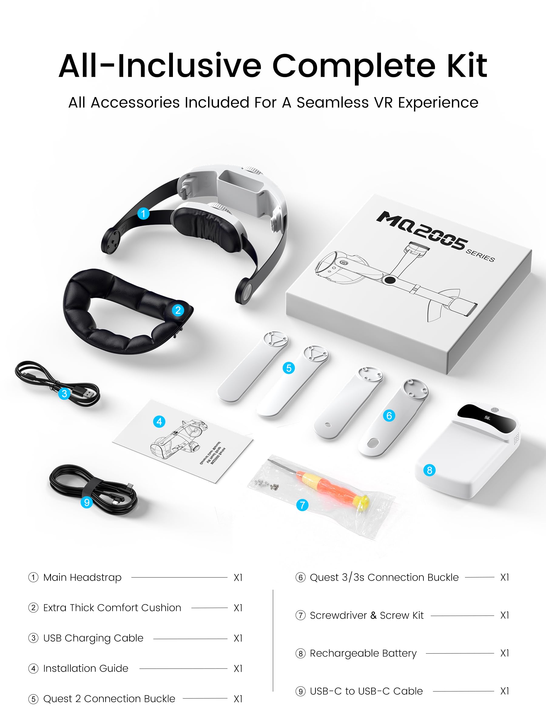 Elegamefy Headstrap per Meta Quest 3/3s/Quest 2 con batteria da 10000 mAh, gioco intercambiabile e prolungato, 5 ore, doppio pomello regolabile