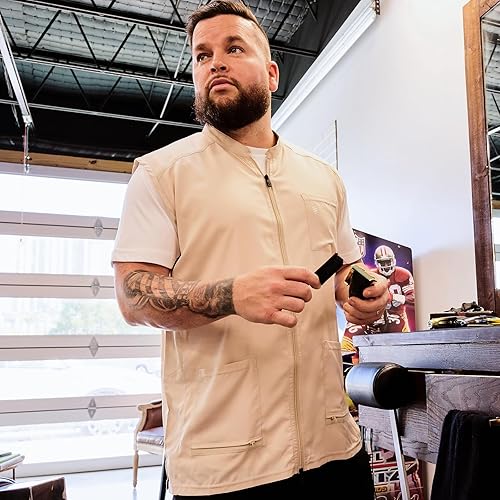 Miniatura 2 de Barber Strong El chaleco de peluquero para hombre, color caqui, repelente al cabello, paneles laterales de malla ultraligeros y transpirables, sin