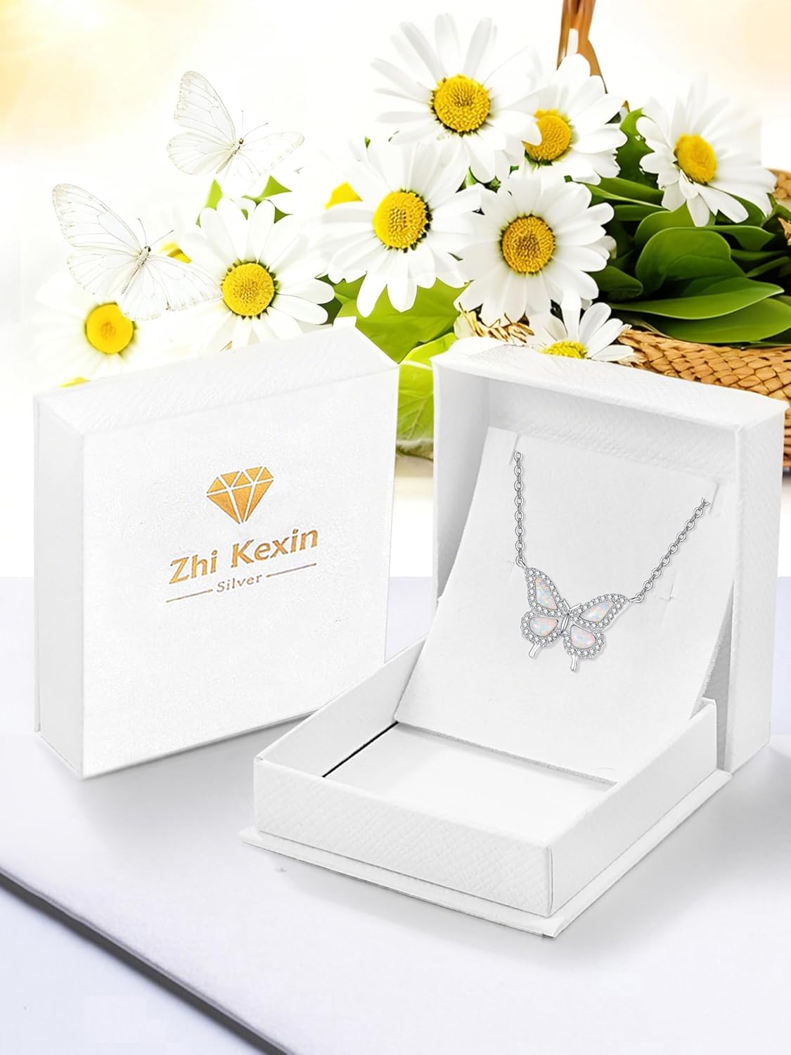 Butterfly Opal Necklace for Women 925 Sterling Silver Cubic Zirconia Butterflys Pendant Necklaces Valentines Day Anniversary Birthday Gifts for Mom Wife Her - Image 7