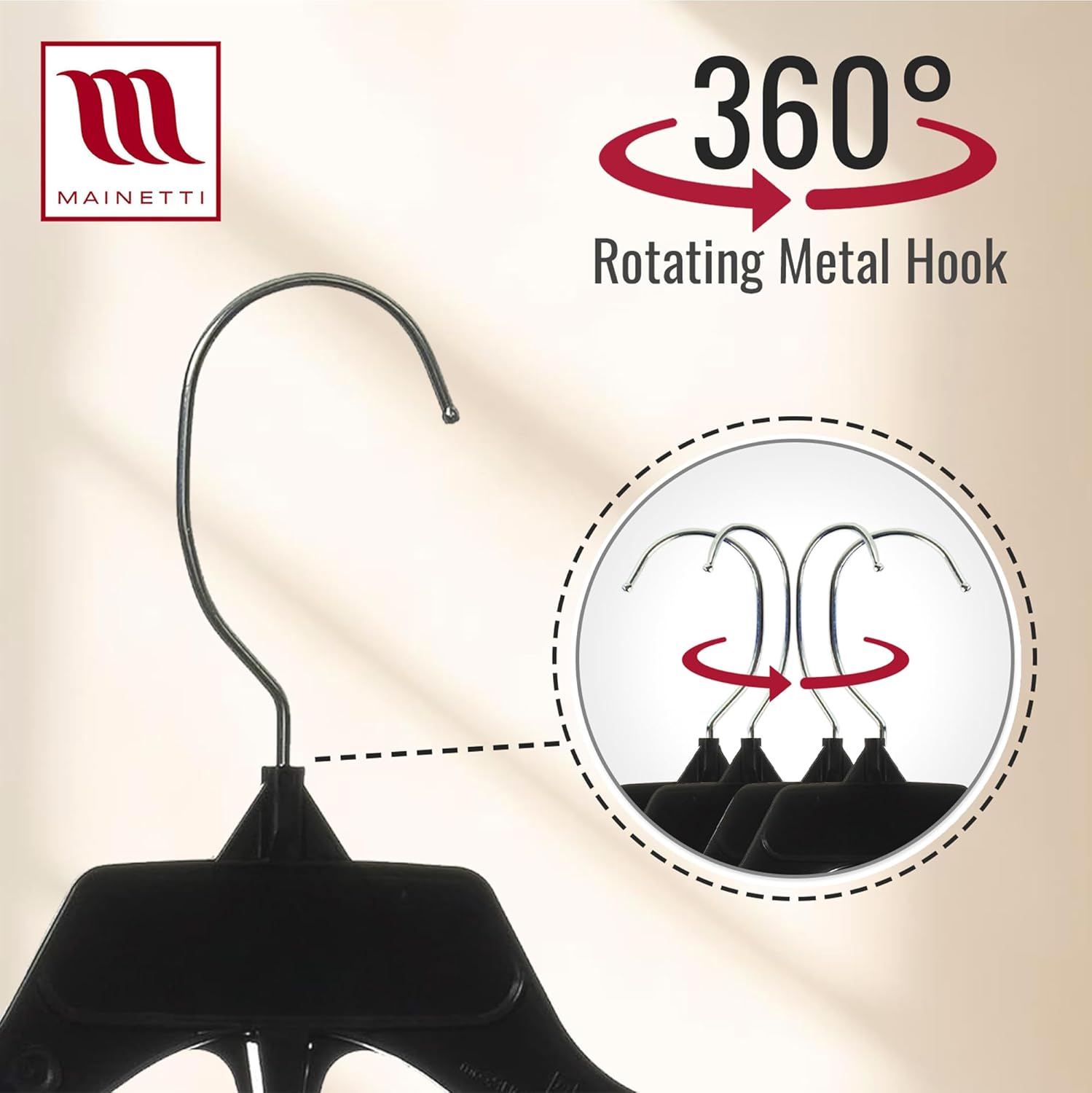 Mainetti 498 Black Plastic Hangers - 20 Pack with Rotating Metal Hook and Notches for Straps, Great for Shirts/Tops/Dresses, 12-Inch - Image 4