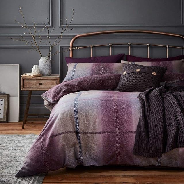 Catherine Lansfield Bedding Brushed Cotton Berwick Tweed Double Duvet Cover Set with Pillowcases Plum