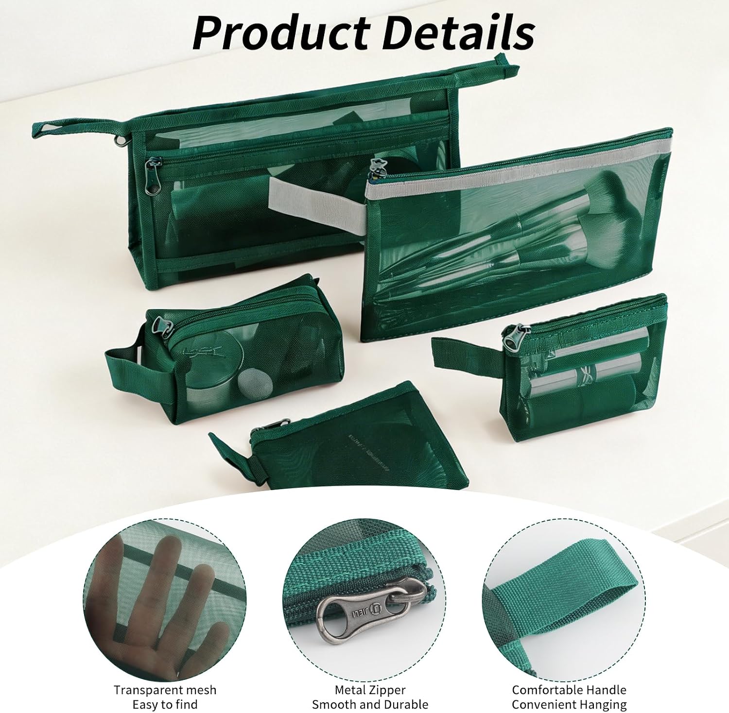 5 Pcs Mesh Makeup Bags Set, Forest Green Mesh Cosmetic Bag Portable Travel Toiletry Bag with Zipper, Travel Organizing Zipper Pouch Storage Pouches for Home Office Data Cable Organizer Accessories image 3