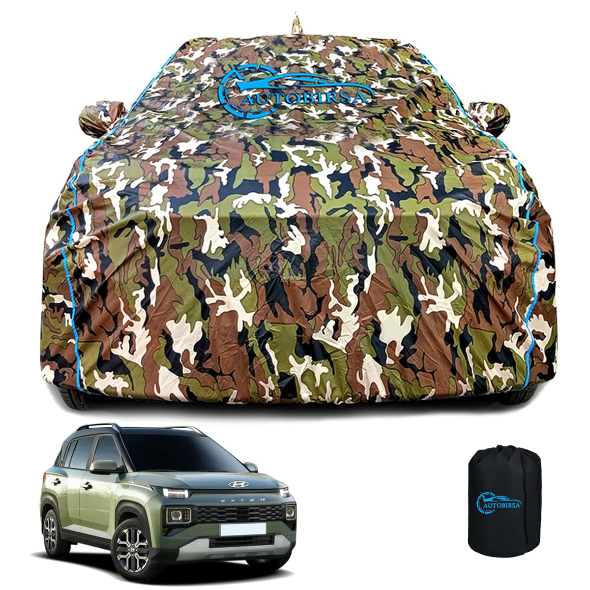 Waterproof Car Body Cover Compatible with Hyundai Exter Sx Amt Mirror Pocket and Antenna Pocket, Triple Stitched (Jungle Print with Blue Piping Design)-image-21