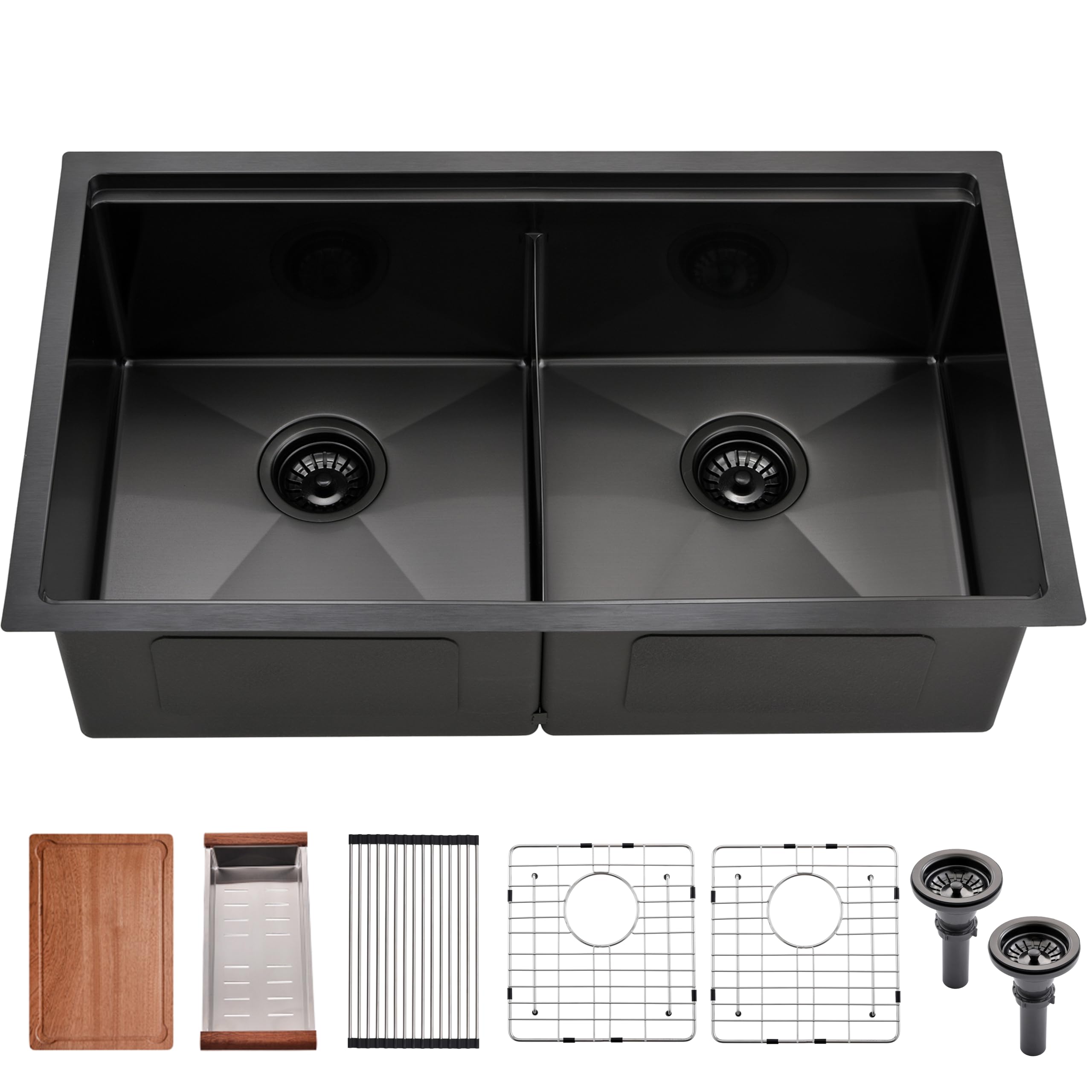 32 Black Undermount Double Bowl Kitchen Sink Workstation -HACHENL 32×19×10 Inch 16 Gague Black Stainless Steel Kitchen Sink 50/50 Double Kitchen Sink With Accessories