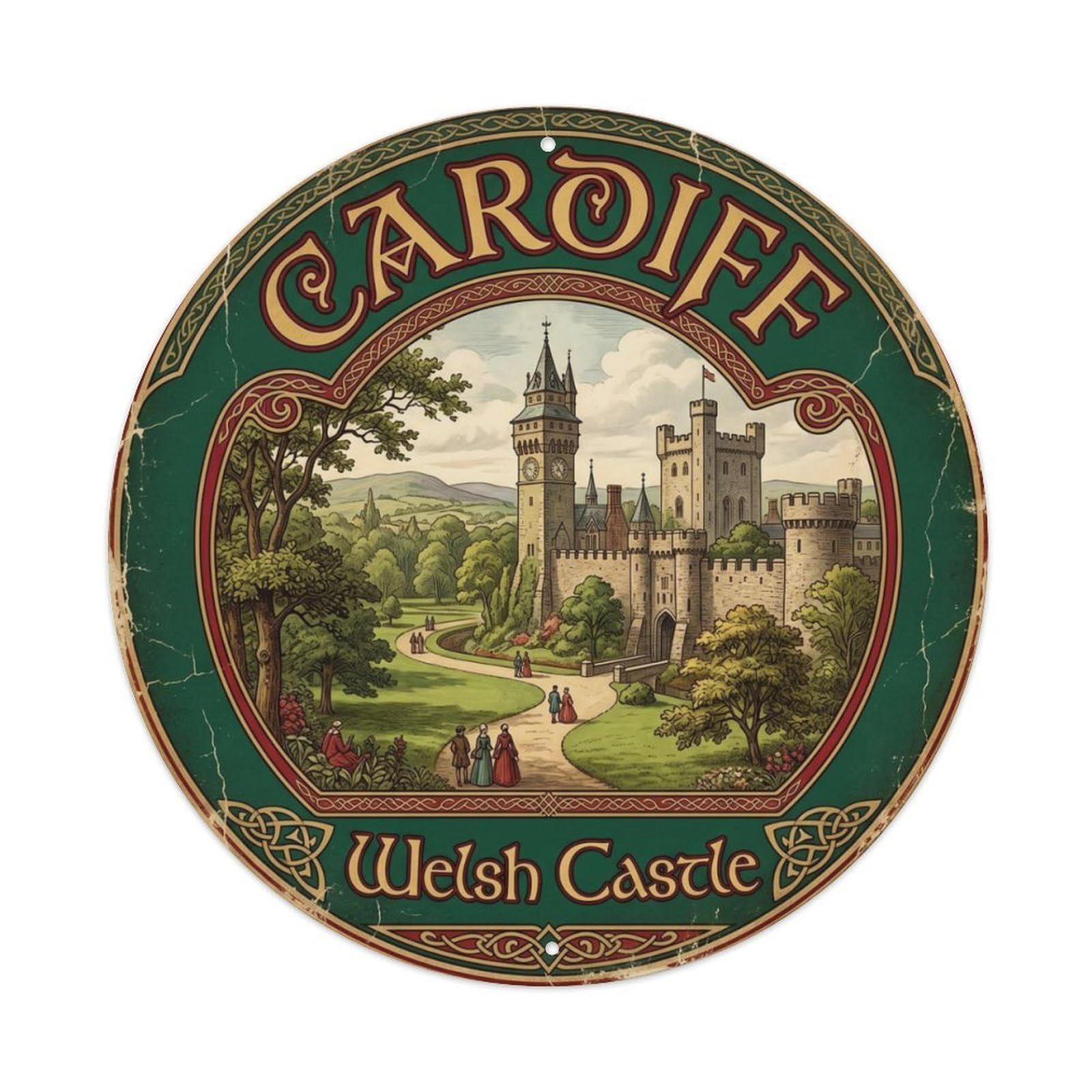 Fqcyn Style Vintage Travel Cardiff Castle Wales 1 Metal Tin Sign Plaque Wall Decor For Cafe, Club Bar, Office, Home Garden Round Metal Poster 8X8inch