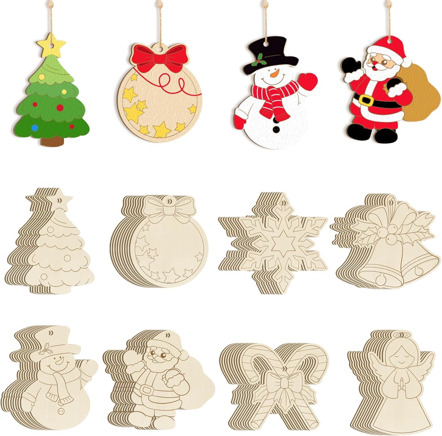 American Elm 40 Pcs Wooden Christmas Ornaments 8 Styles DIY Blank Unfinished Wood Reindeer Santa Claus Christmas Tree Ball Snowman Snowflake Angel Cutouts