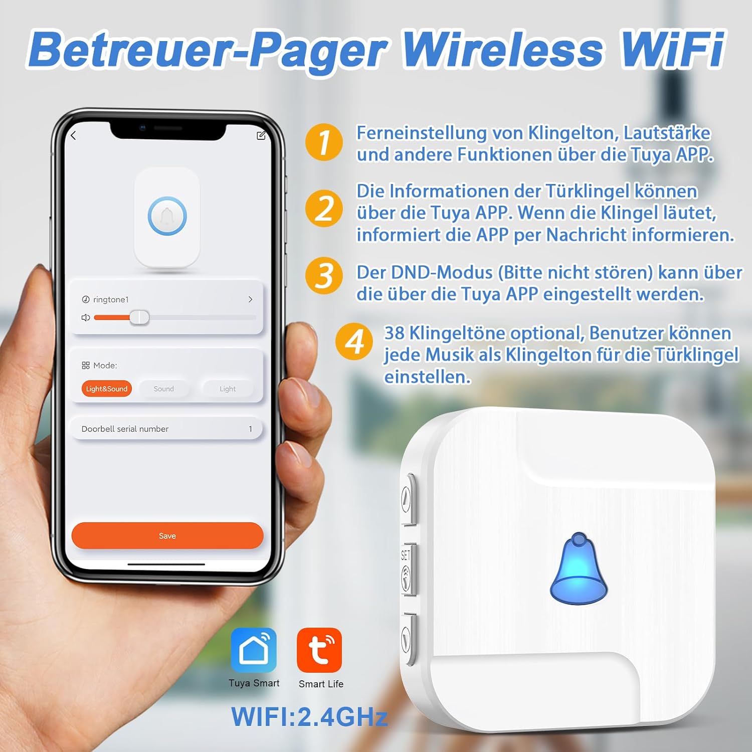 A three-panel image illustrating the emergency alert process: 1. An elderly woman pressing the SOS button on her wristband. 2. The receiver unit emitting a musical note, indicating an alert. 3. A person receiving a notification on their smartphone.