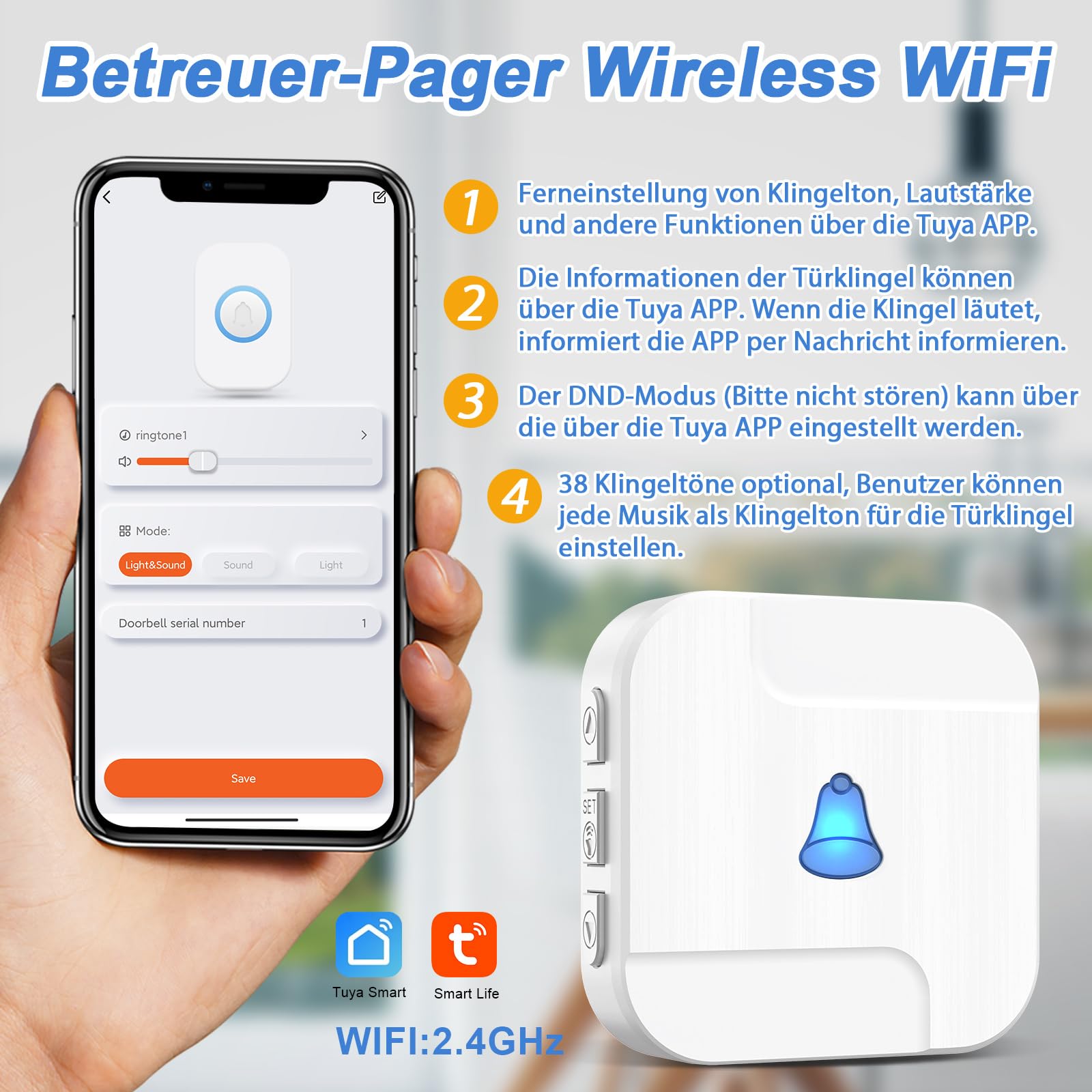 DAYTECH Notrufknopf für Senioren auf Handy, WiFi Tuya Smart Senioren Notfallknopf Alert System, Hausnotruf für ältere Patienten Behinderte,Kinder(1Empfänger+1Notruf Armband+1Tasten)
