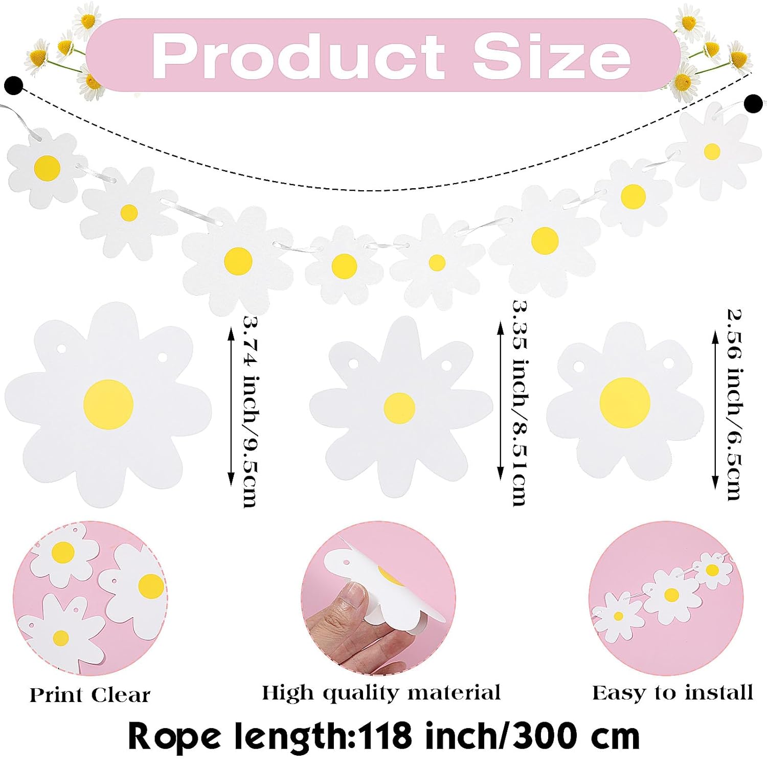 Gjinxi 2Pcs Daisy Groovy Boho Party Banners, White Hippie Daisy Party Supplies Decorations, Spring Flower Garlands, Daisy Paper Cutouts for Birthday Party Classroom Home Favor Decor 3