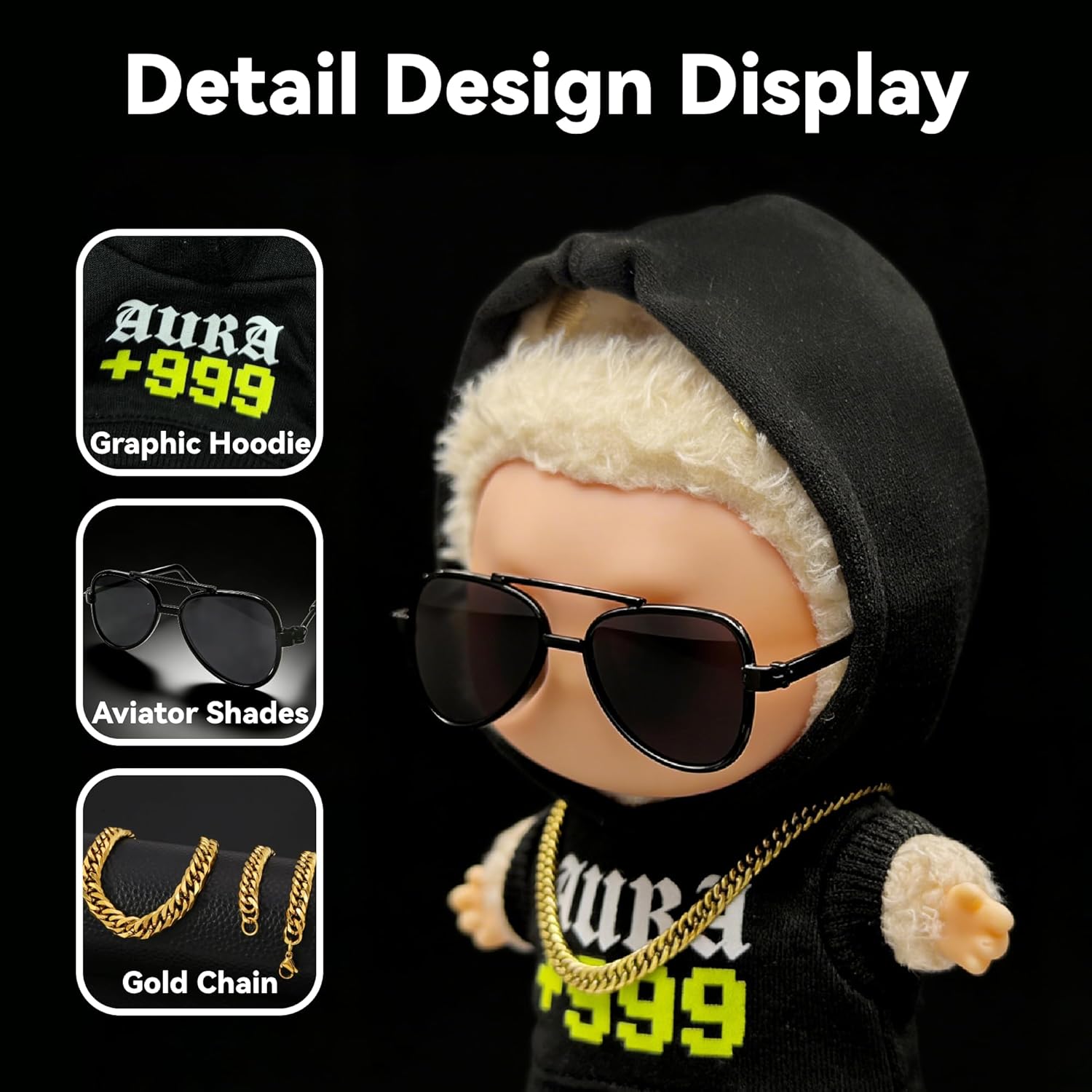 Street-Style for LABUBU Clothes or LABUBU Outfits, “Aura+999” Graphic Hoodie with Gold Chain & Aviator Sunglasses, Trendy Urban Style Clothes