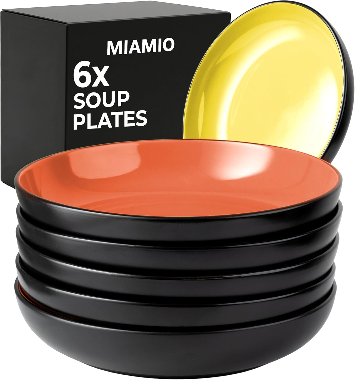 MIAMIO – 30 Oz / 8.6 Inch Set of 6 Pasta Bowls/Salad Bowls, Pasta Plates Wide and Shallow Bowl, Large Ceramic Stoneware Deep Plate Serving Soup - Le Papillon Collection (Mixed)