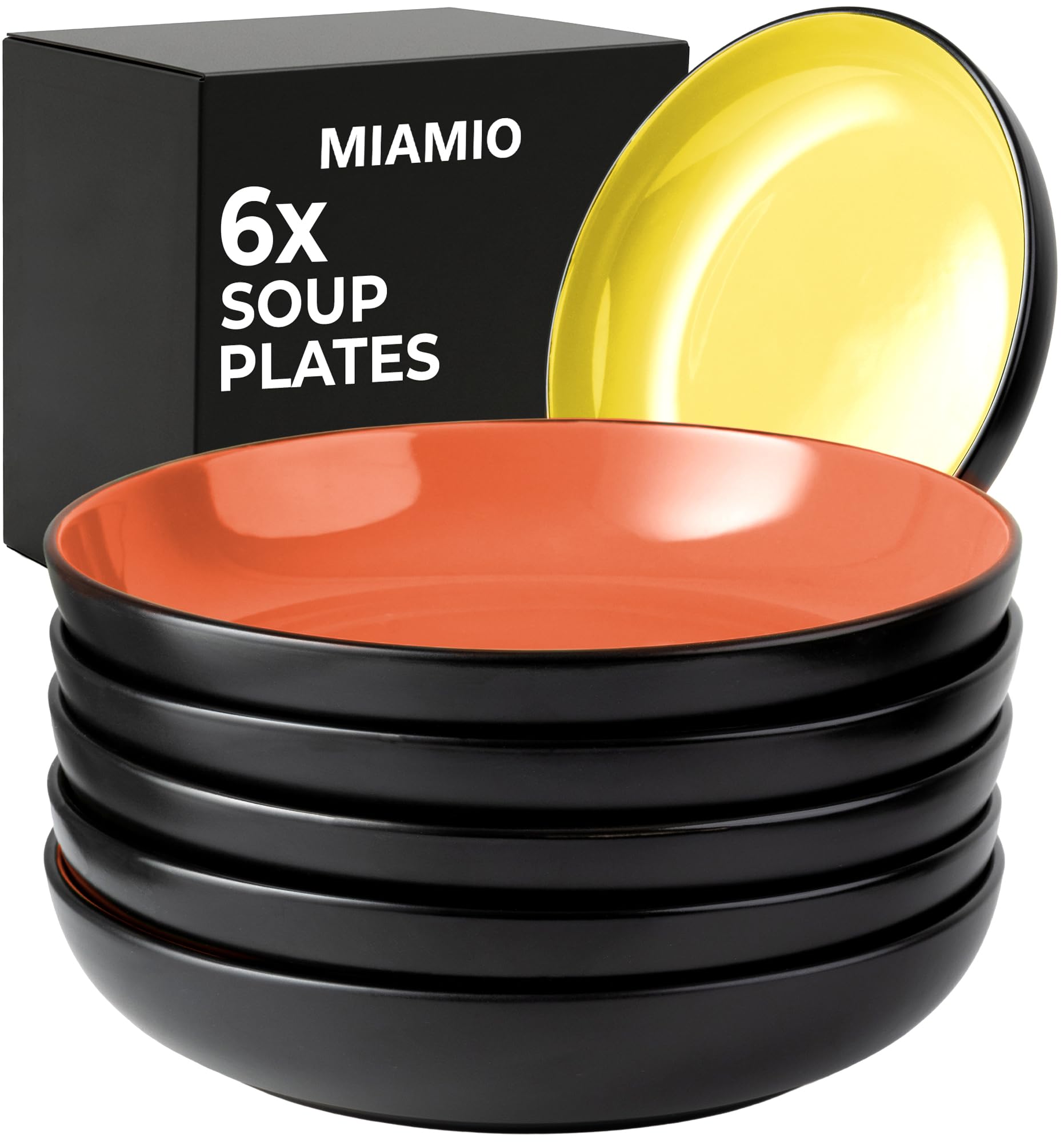 MIAMIO – 900 ml / 22 cm Set of 6 Pasta Bowls/Salad Bowls, Pasta Plates Wide and Shallow Bowl, Large Ceramic Stoneware Deep Plate Serving Soup - Le Papillon (Mixed) — image 1