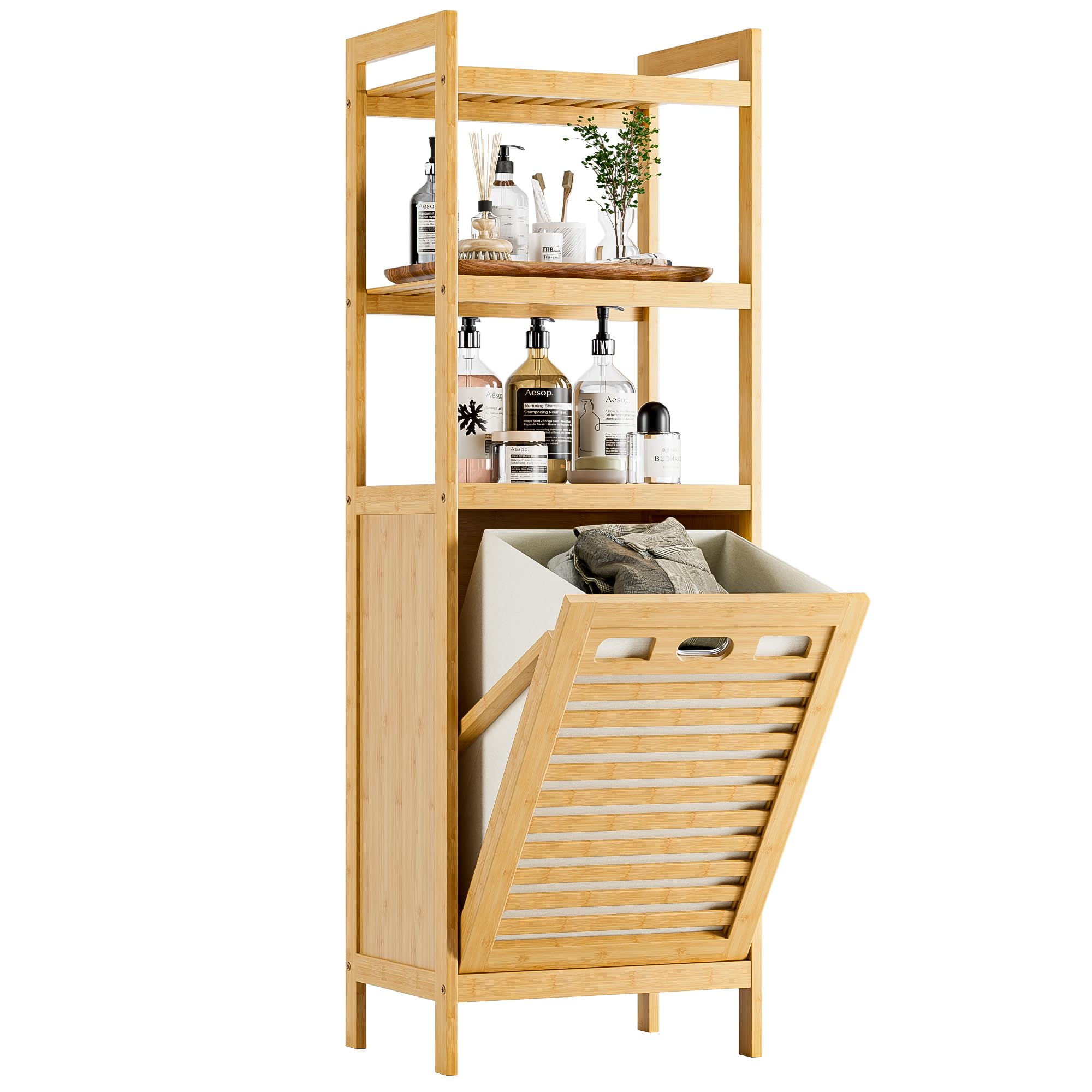 HITNET Meuble Salle de Bain avec Panier à Linge, Armoire Bas Salle de Bain en Bambou avec 3 étagères Ouvertes, 40L Sac Intérieur Amovible pour Buanderie, Toilette et Chambre à Coucher, Naturel