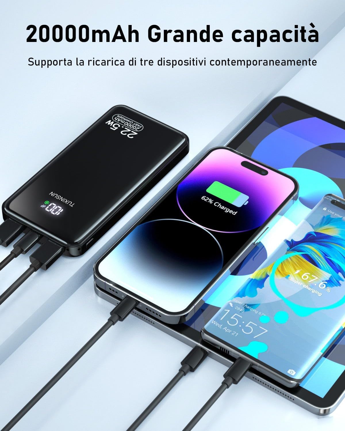 Power Bank 20000mAh PD3.0 QC4.0 22,5W Powerbank Ricarica Rapida, Ingresso e Uscita USB C Caricatore Portatile Powerbank Con Display LCD per Smartphone smartwatch ecc