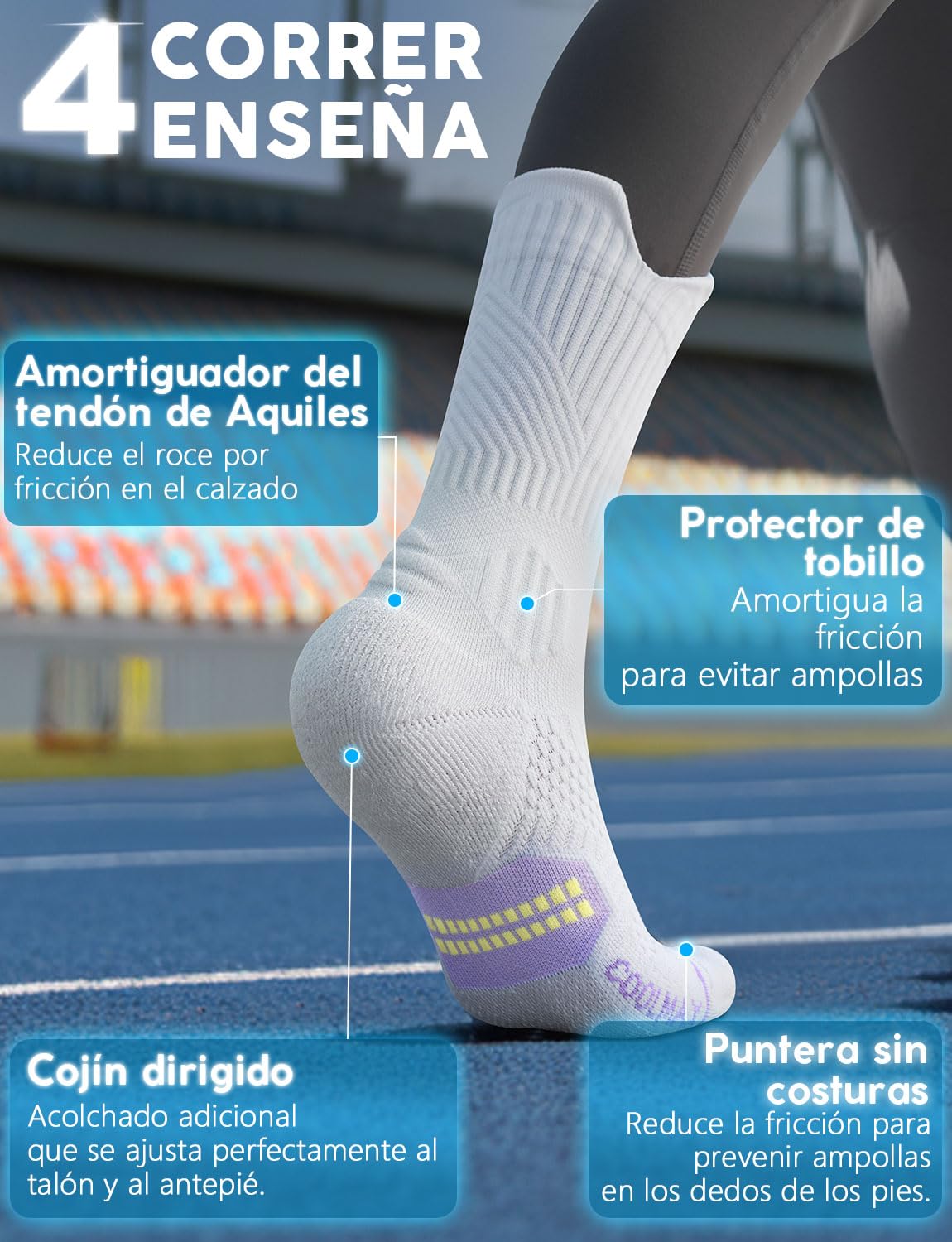 Juclise Calcetines de compresión de viscosa de bambú para correr, calcetines que absorben la humedad, antiampollas, para senderismo,ciclismo (FR/ES, Números, 35, 38, Regular, Regular, Blanco Morado)