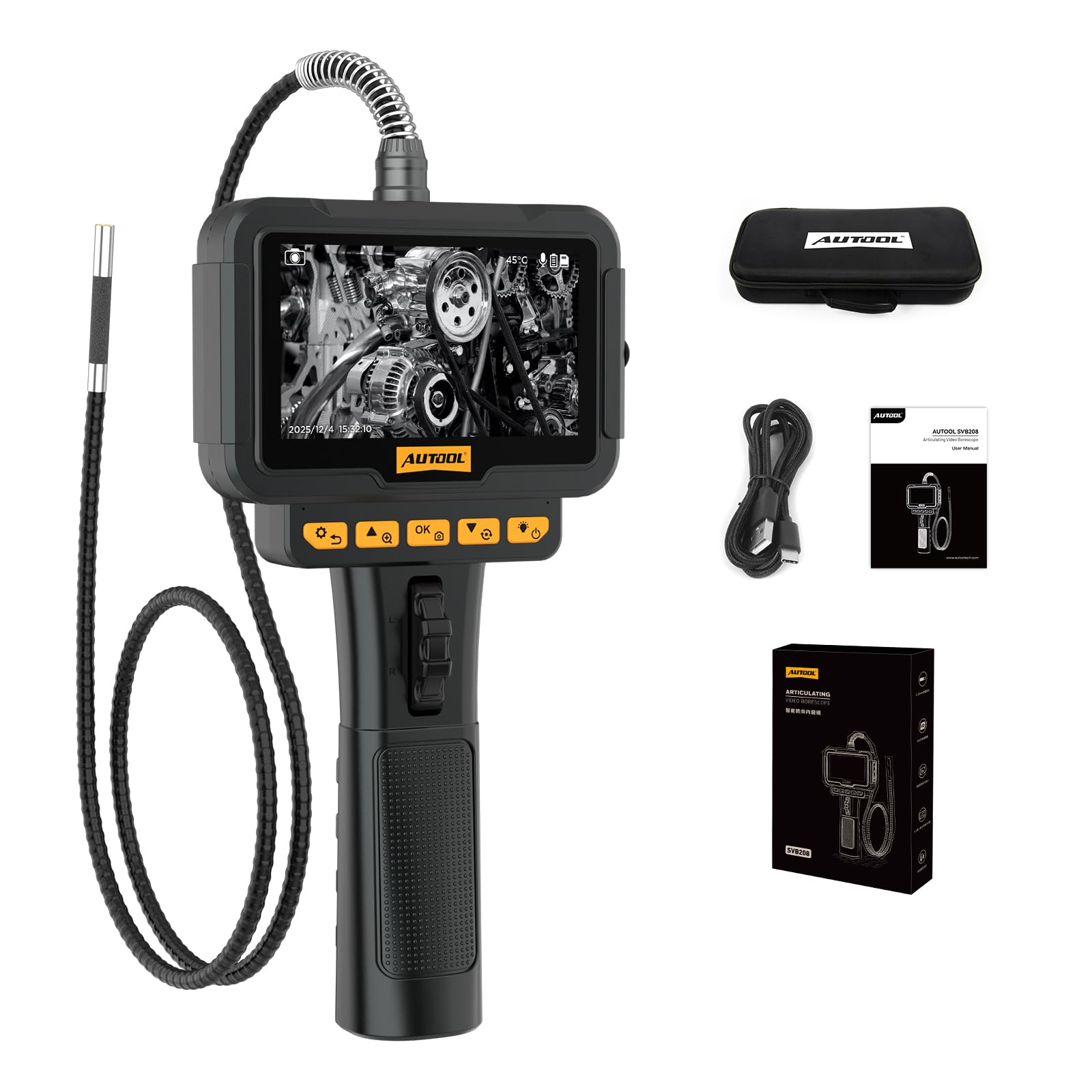 AUTOOL Two-Way 210°Articulating Borescope with Light Endoscope Camera