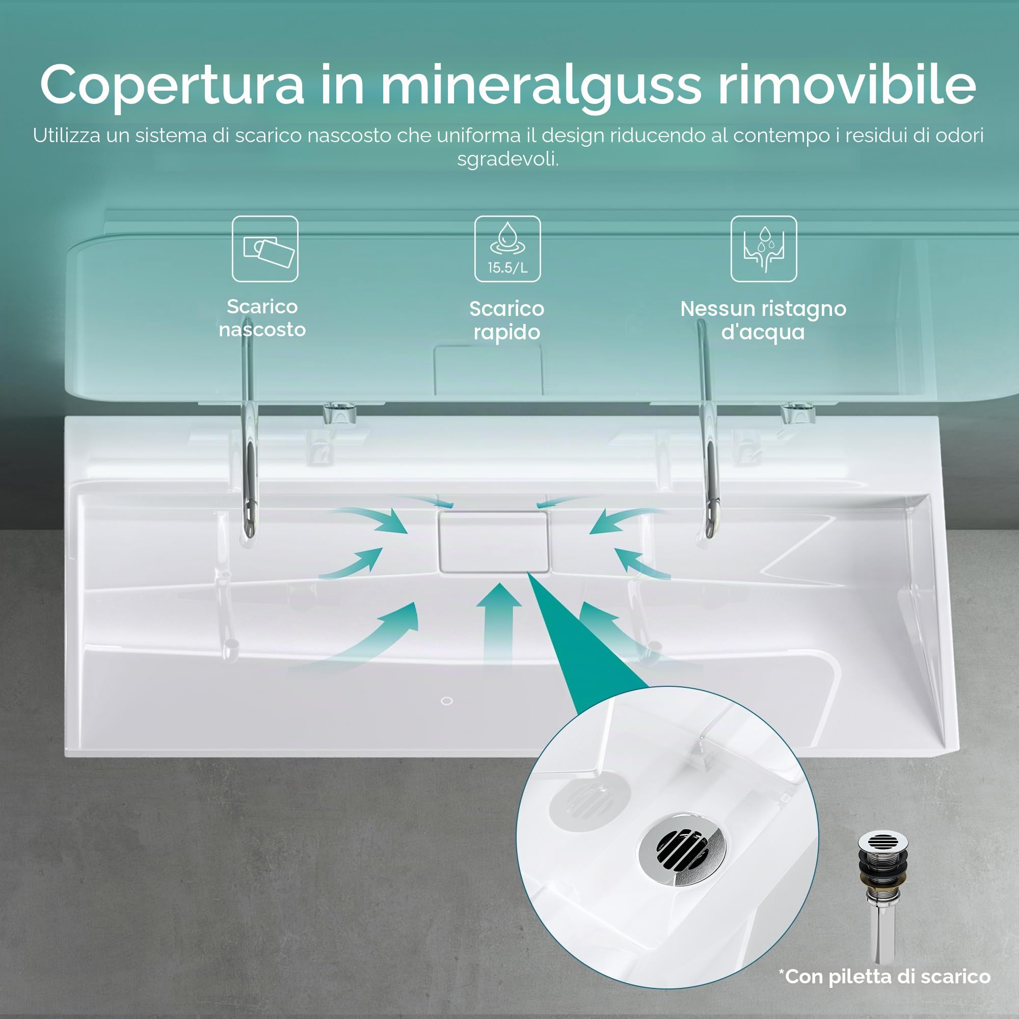 Mai & Mai Lavabo da Appoggio 120x46x11cm, Lavabo Bagno Sospeso Lavandino Bagno con Piletta di Scarico Lavabo da Minerale fuso senza Foro per Rubinetteria, Colossum19-1200OA