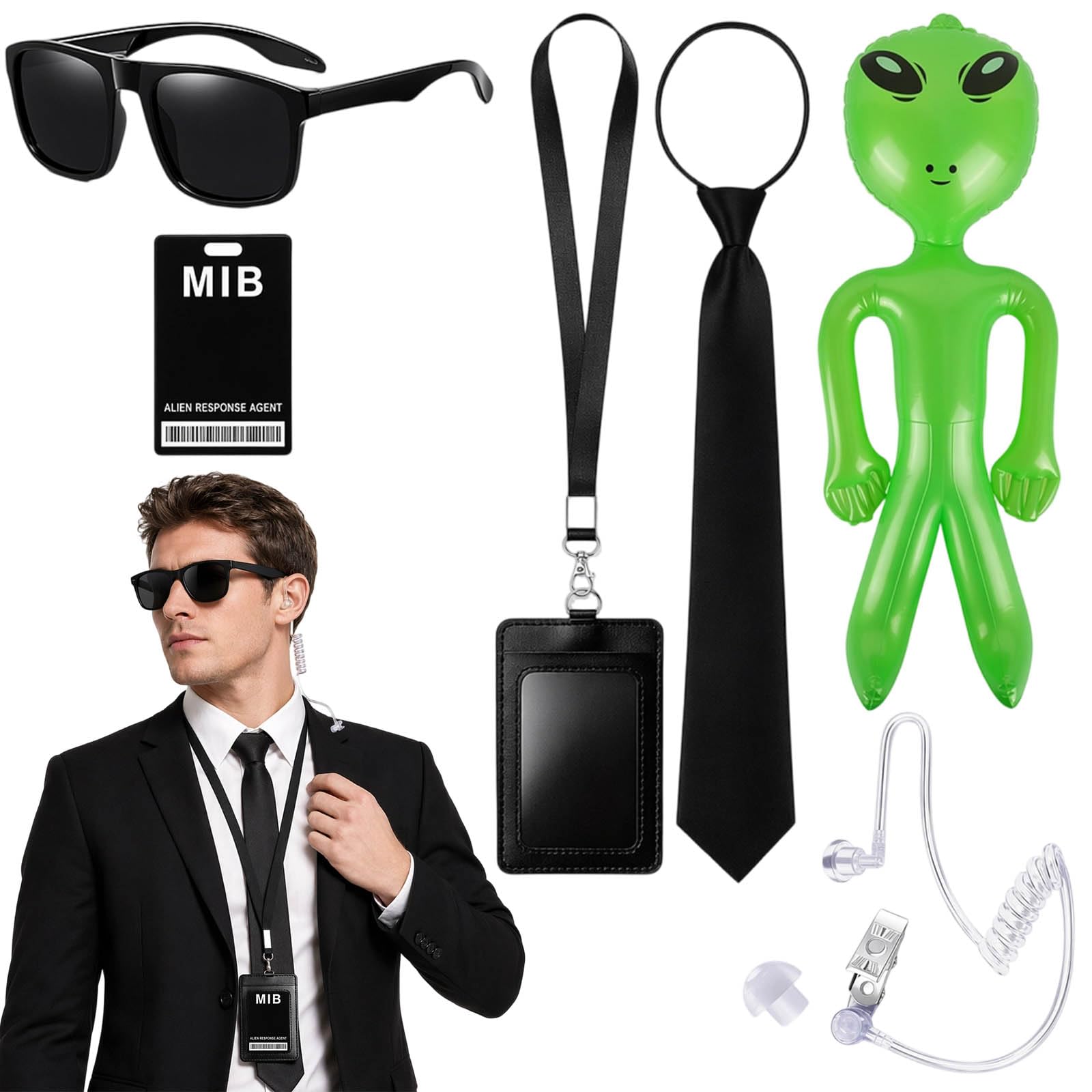 6-Piece Men in Black Costume Halloween Accessories Set with Green Balloon