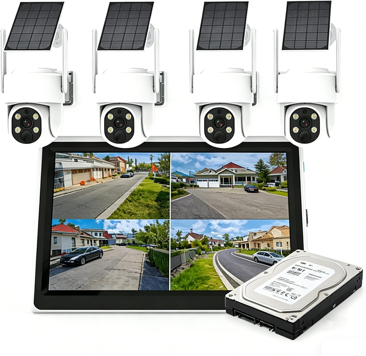AKAVIG 4MP Solar Powered Security Camera System, 4 Pack Outdoor Wireless WiFi Surveillance Cameras with Motion Detection, Color Night Vision, Solar Home Security Camera Kit with 1T Hard Disk