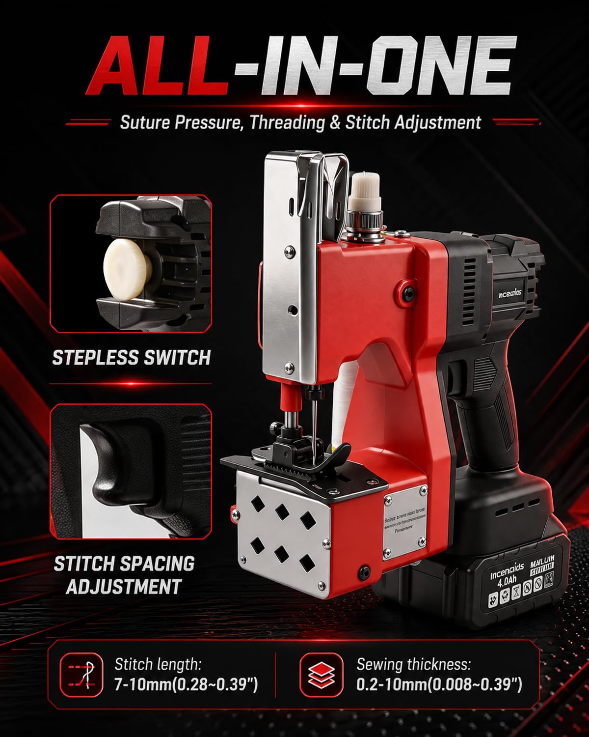 Máquina de Coser Sacos Eléctrica Inalámbrica, Cosedora de Sacos Portátil con Motor Brushless de 280W y 2 Baterías 4.0Ah, Máquina de Cierre para Sacos de 0,2-10 mm para Sacos PP, Papel Kraft y Cuero
