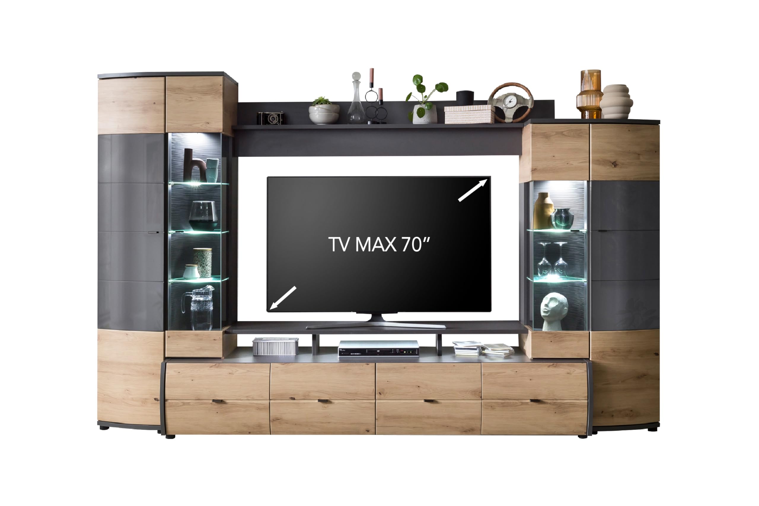 Florina VA Wohnkombination Set 4-Teilig - Modern - Front: MDF Hochglanz - Farbe: Braun/Grau - TV Wand - B/H/T: 302,2 x 193,3 x 53,2