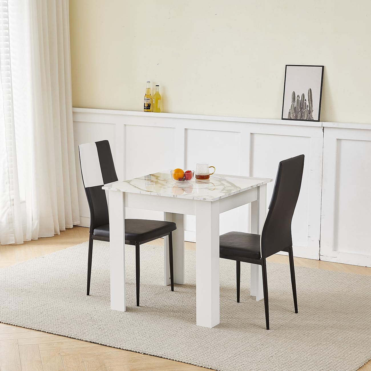 75x75 cm Small Dining Table and 2 Chairs, 2 Seater Table and Chairs Set Kitchen Dining Room Set for 2, Compact, Space Saving, Wooden, Glossing Tabletop Marble-White (2 Seats, Faux Leather Checkered) โ image 1