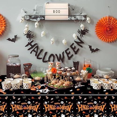 Miniatura 6 de Labeol Paquete de 3 manteles de Halloween, 108 x 54 pulgadas, manteles de Halloween negros, desechables, impermeables, de plástico, rectangular,