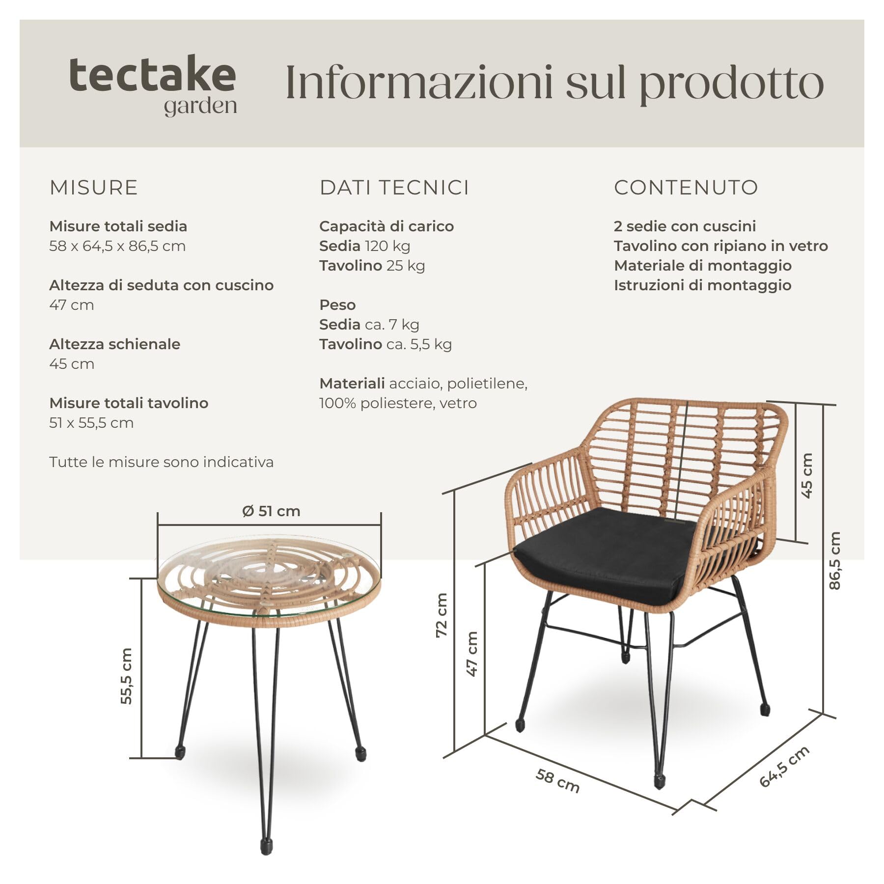 tectake Salottino in Rattan Set da Balcone 3 Pezzi 2 Sedie 120 kg Tavolo Vetro Sicuro Resistente Intemperie Terrazza Giardino Piedini Regolabili