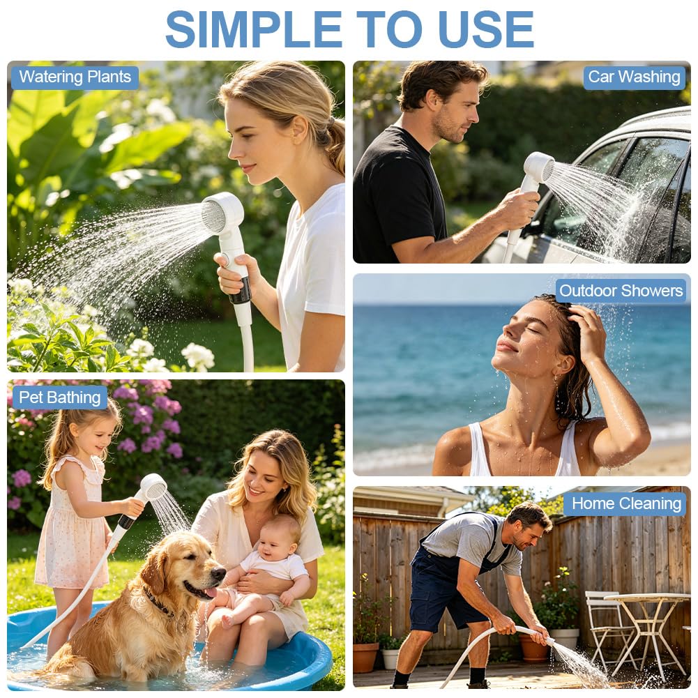 Doccia da Campeggio, Doccia Portatile Ricaricabile, kit di lavaggio impermeabile ricaricabile, 6000 mAh Batteria, Tubo 2 m, 3 modalità di spruzzo regolabile per Spiaggia, Auto, Animali, Giardino