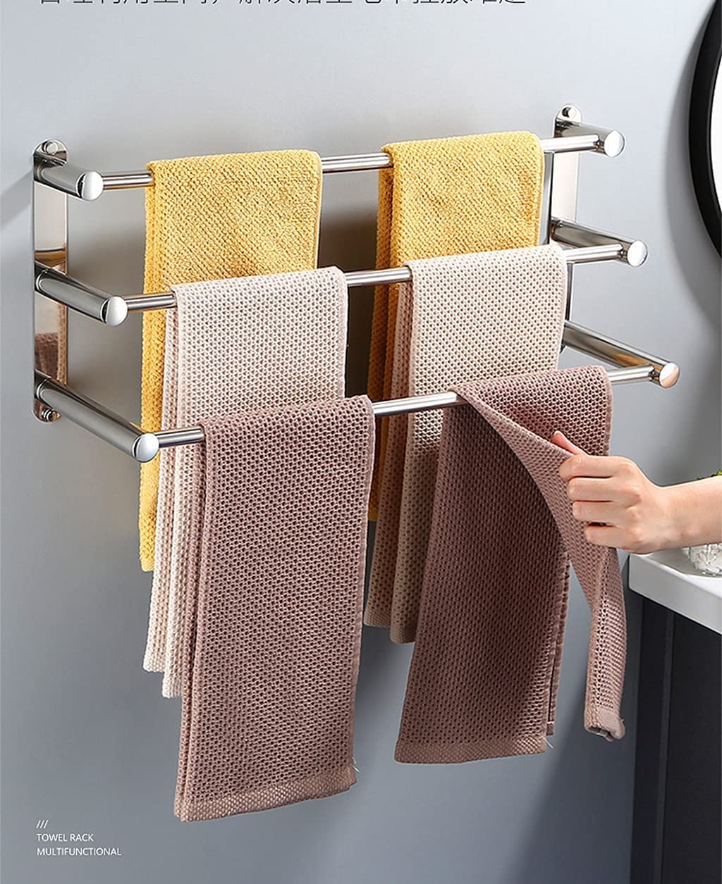 3-poziomowy ścienny wieszak na ręczniki, uchwyt na ręczniki ze stali nierdzewnej do łazienki i kuchni, trwały, 50 cm, oszczędzający miejsce design, stylowy nizer łazienkowy
