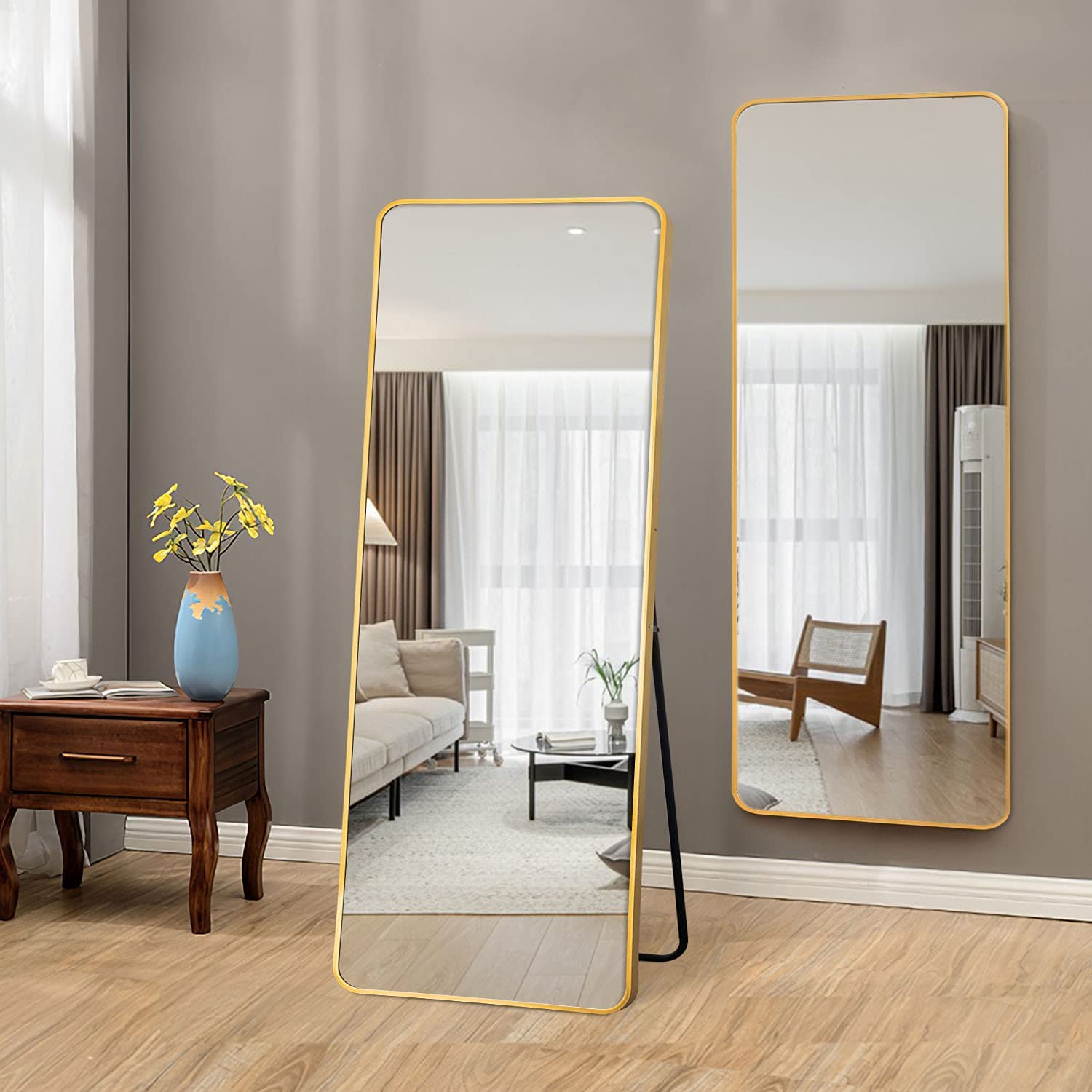 大型 丸角 スタンドミラー 壁掛け 全身鏡 姿見 165x60cm（Rゴールド）