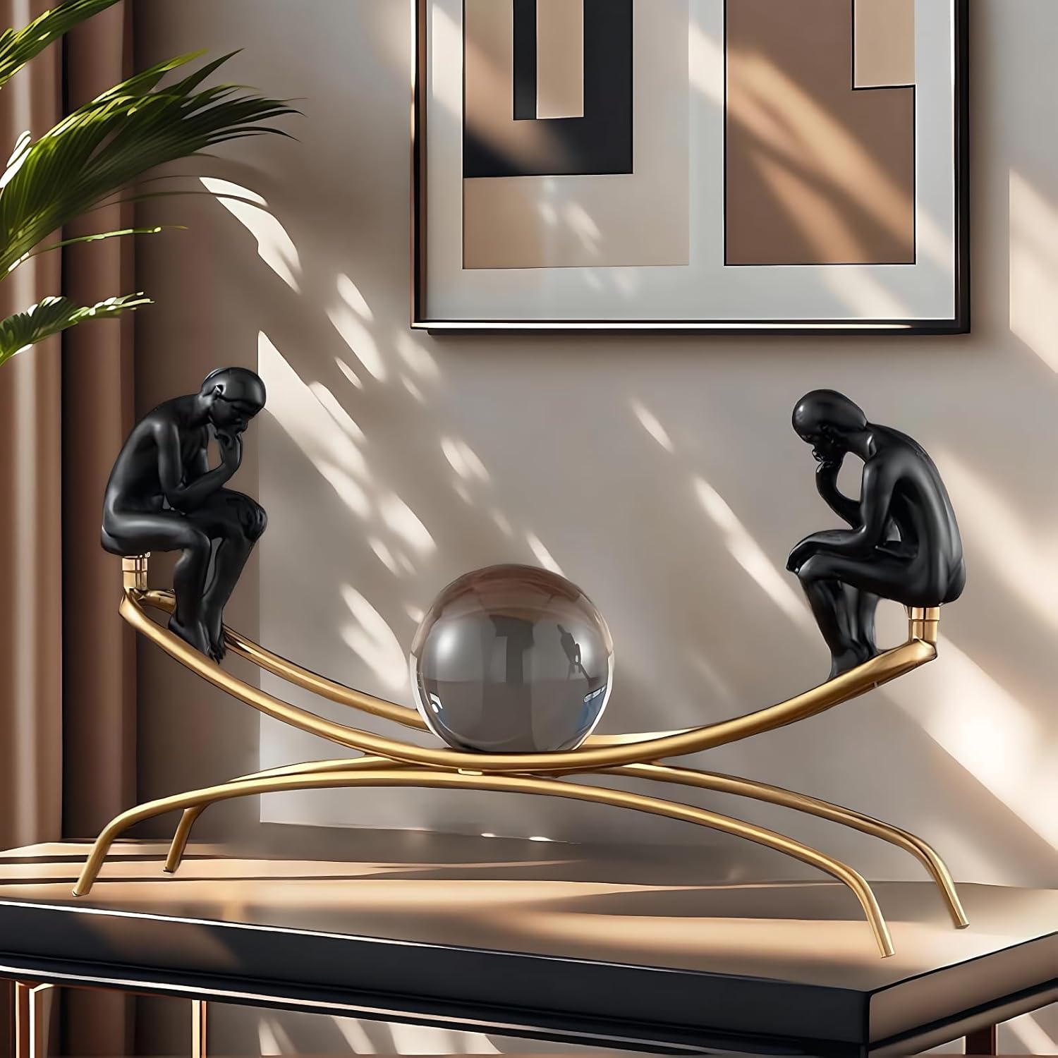 Thinker Statue with 360° Swiveling Crystal Ball – Modern Abstract Thinker Figurine on Metal Arc Stand, Desk Sculpture Home Decor for Tabletop, Bookshelf, Office – Minimalist Philosophy Gift